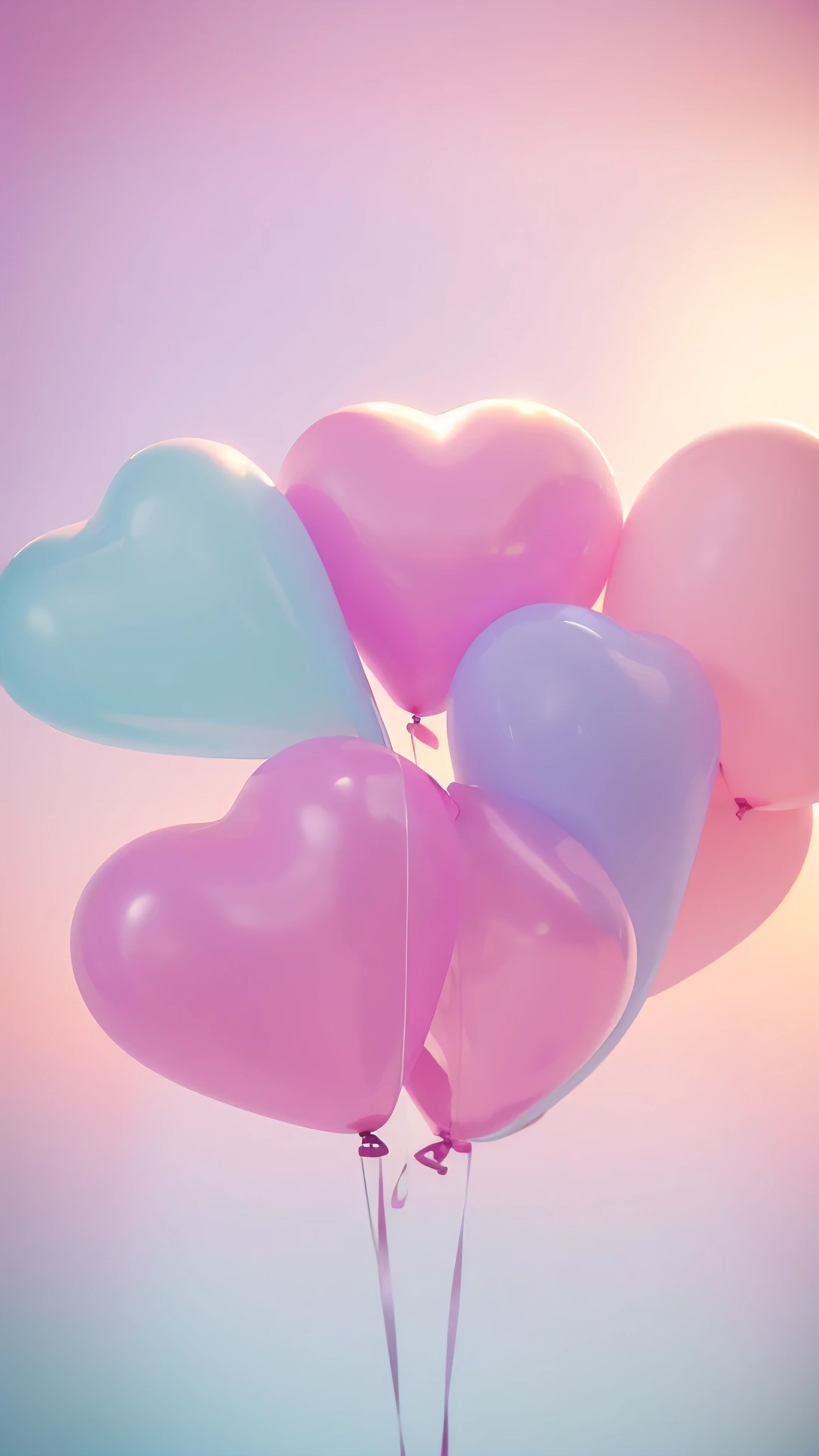 Many heart-shaped balloons floating in the air on a pink background, The heart-shaped balloons are beautiful when piled together，Blurry and dreamy illustration, pink fog background, Pink gradient background, Gradient soft light, Gentle background, pink and blue gradients,  Blurry and dreamy illustration, soft gradient texture, Blue purple pink gradient、Dreamy and beautiful