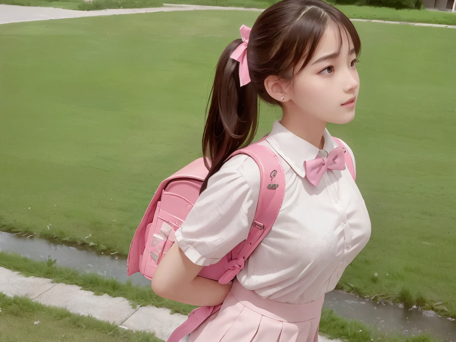 (8K, highest quality, masterpiece:1.2), realistic, ultra high resolution, intricate details,
1 girl,beautiful face, jk suit,white shirt,pink ribbon, bow tie,pink skirt, wearing school bag backpack, Side view, (school bag backpack:1.0)