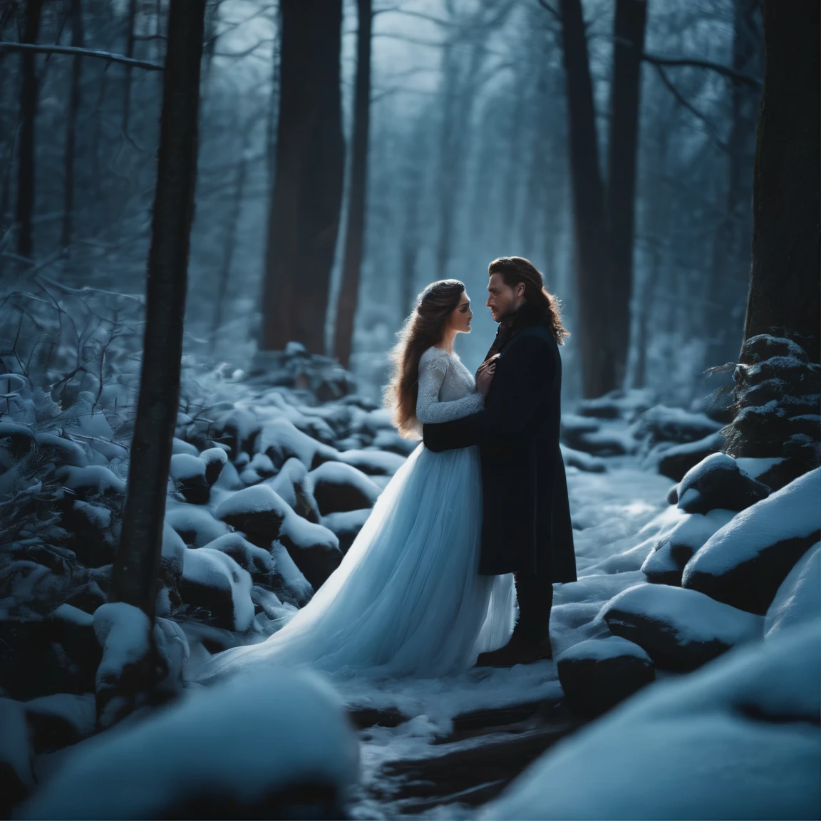 Winter couple Fantasy Love Magic Forest Long Hair Dark
, haze, ultra-detailed, film photography, light leaks, Larry Bud Melman, trending on artstation, sharp focus, studio photo, intricate details, highly detailed, by greg rutkowski