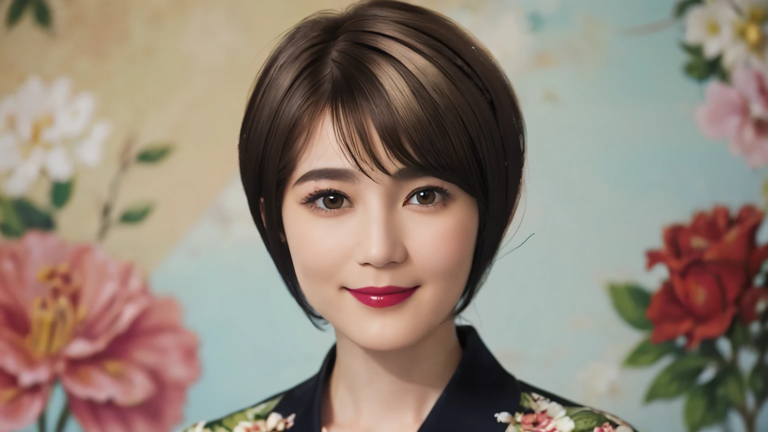 151
(20 year old woman,Floral clothing), (Super realistic), (high resolution), ((beautiful hairstyle 46)), ((short hair:1.46)), (gentle smile), (brest:1.1), (lipstick)