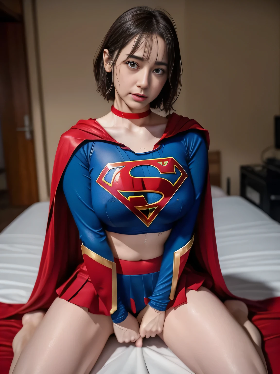 masterpiece、Supergirl costumes、short hair、Intensive care unit、operating table、barefoot、straddle、M-shaped legs、wide open legs、big and full breasts、red mini skirt、look at the camera、Sweat、Cowgirl、Sweatでいっぱい、発Sweat、Sweat scattering、Sweat wet、choker、long sleeve、Fluttering cloak、obscene