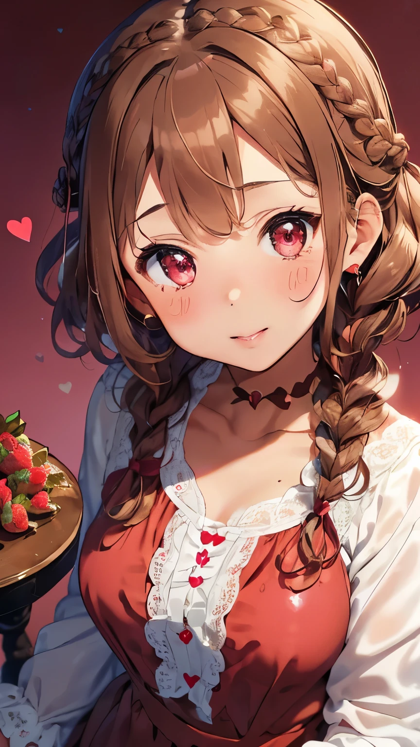 (light brown hair:1.2),(short hair with curls:1.3),(braided hair:1.45),(big ribbon:1.3),(Strawberry-colored clothes that look like they are coated with chocolate:1.4),((Clothes with lots of lace:1.3)),((valley:1.3)),(eye size:1.5),(heart-shaped chocolate accessories:1.3),((Feminine fashion:1.4)),(lovely and fancy background:1.5),(Slightly blush),(About 14 years old:1.3),((focus on face:1.5)),break//((The overall atmosphere is like a lovely chocolate world.)),((Lively candy soldiers:1.5)),((I love you:1.2)),((NSFW))