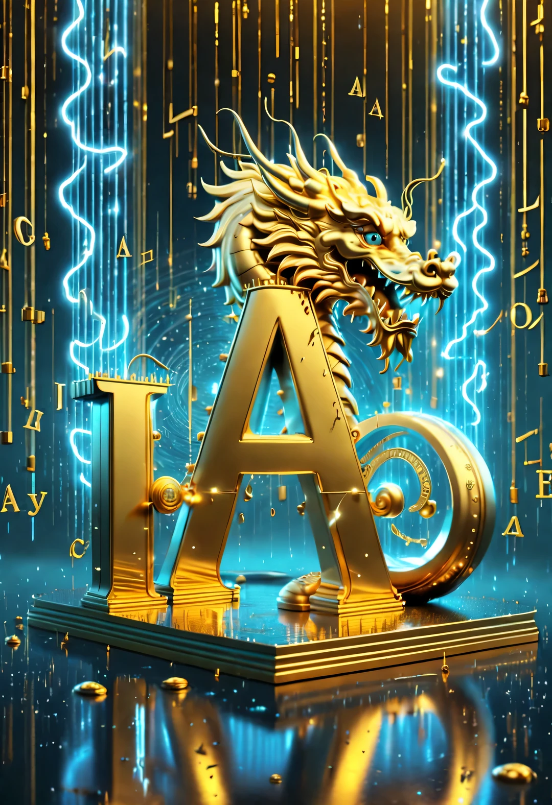 vaporwave style, light painting style, retro-futurism,video installation style,
Beautiful detailed,Gorgeous poster design,
(It's raining like crazy,There are lots and lots of golden letters:1.37),Gold threads and AI gold coins are pouring down like heavy rain,(many transparent english letters &Quote;AI&Quote; Width),golden english letters &Quote;AI&Quote; ,Display English letters &Quote;AI&Quote; under parallel ,There is a golden Chinese dragon in the center,Smiling happily and flying into space,Background blue technology laser,Dynamic action style,