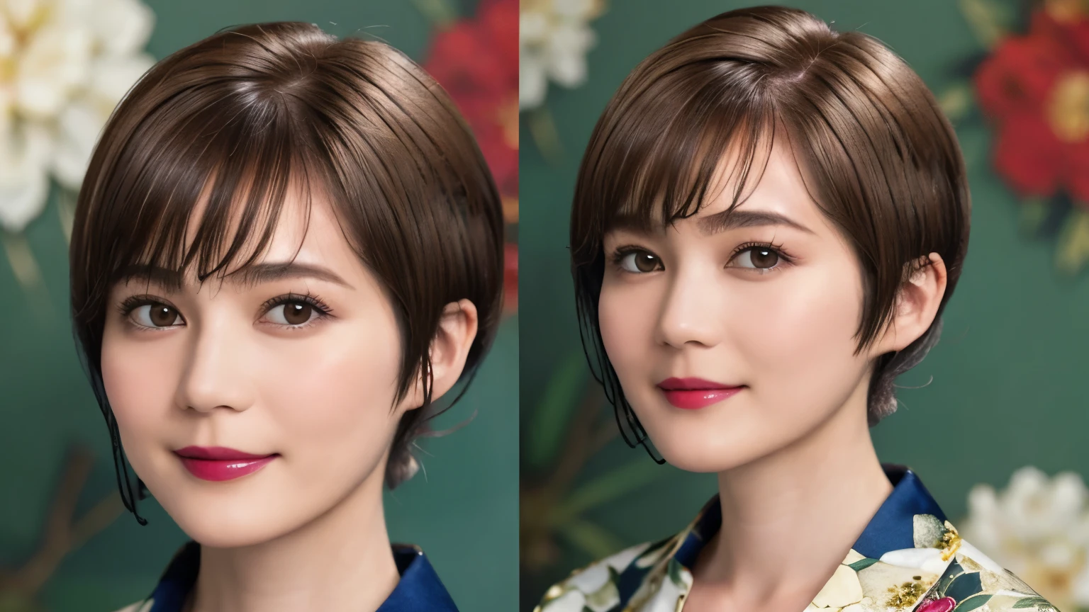 151
(20 year old woman,Floral clothing), (Super realistic), (high resolution), ((beautiful hairstyle 46)), ((short hair:1.46)), (gentle smile), (brest:1.1), (lipstick)
