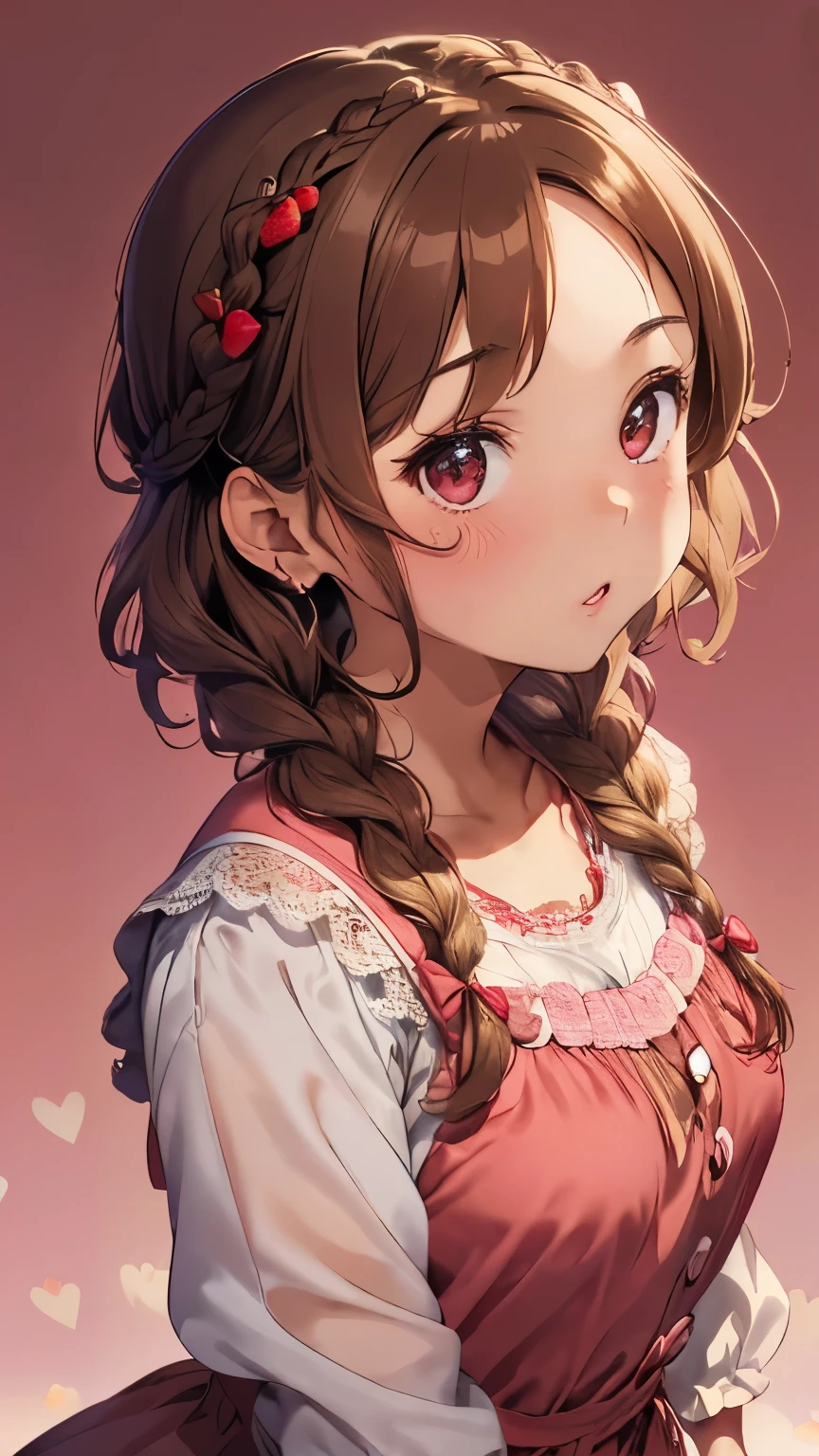 (light brown hair:1.2),(short hair with curls:1.3),(braided hair:1.45),(big ribbon:1.3),(Strawberry-colored clothes that look like they are coated with chocolate:1.4),((Clothes with lots of lace:1.3)),((valley:1.3)),(eye size:1.5),(heart-shaped chocolate accessories:1.3),((Feminine fashion:1.4)),(lovely and fancy background:1.5),(Slightly blush),(About :1.3),((focus on face:1.5)),break//((The overall atmosphere is like a lovely chocolate world.)),((Lively candy soldiers:1.5)),((I love you:1.2)),((NSFW))