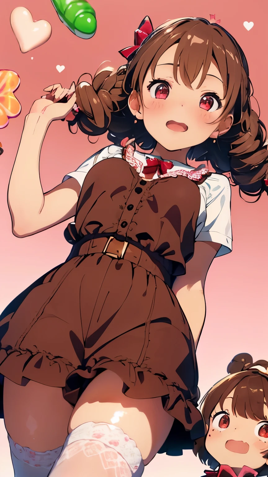 (light brown hair:1.2),(short hair with curls:1.3),(braided hair:1.45),(big ribbon:1.3),(Strawberry-colored clothes that look like they are coated with chocolate:1.4),(eye size:1.5),(heart-shaped chocolate accessories:1.3),((Feminine fashion:1.4)),(lovely and fancy background:1.5),(Slightly blush),(About 14 years old:1.3),break//((The overall atmosphere is like a lovely chocolate world.)),((Lively candy soldiers:1.5)),((I love you:1.2)),((angle from below:1.4))