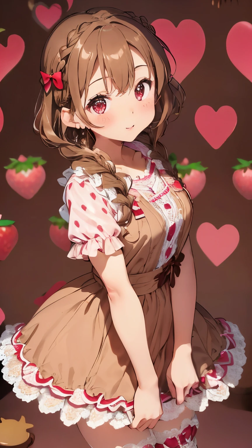 (light brown hair:1.2),(short hair with curls:1.3),(braided hair:1.45),(big ribbon:1.3),(Strawberry-colored clothes that look like they are coated with chocolate:1.4),((Clothes with lots of lace:1.3)),((valley:1.3)),(eye size:1.5),(heart-shaped chocolate accessories:1.3),((Feminine fashion:1.4)),(lovely and fancy background:1.5),(Slightly blush),(About 14 years old:1.3),((focus on face:1.2)),break//((The overall atmosphere is like a lovely chocolate world.)),((Lively candy soldiers:1.5)),((I love you:1.2)),((NSFW))