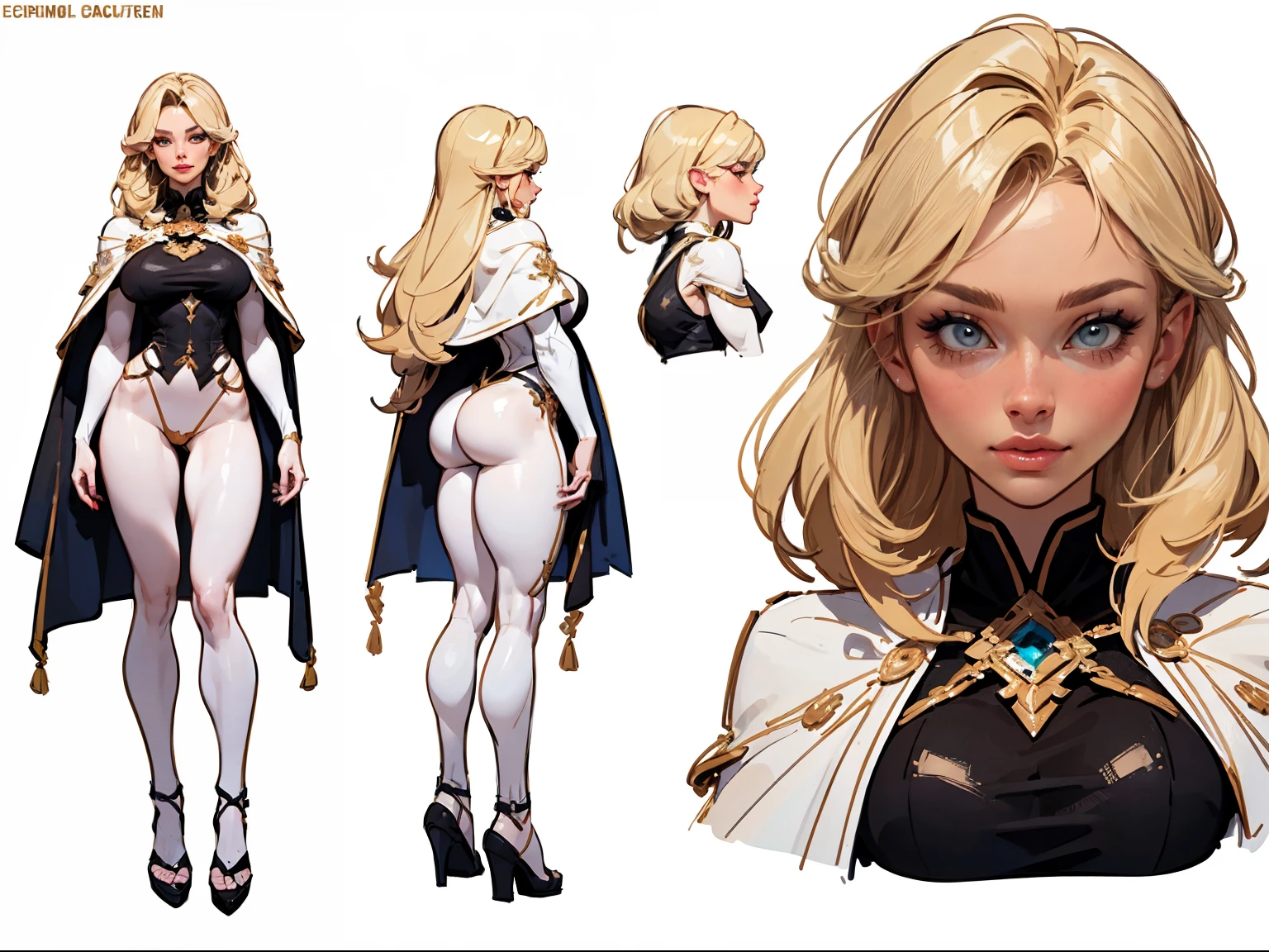 ((masterpiece)),(((best quality))),((character design sheet)), illustration,1woman, environment Scene change,  muscular, (white skin:1.4), white legs, thick legs, royalty cape, scribbles and marks, fire, ((detailed face:1.1)), rough sketches, pose too, blonde and white color palette, 8k,16k, (simple background, light background: 1.3)