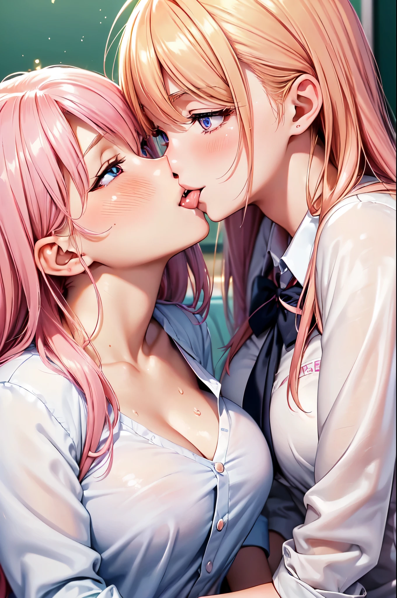 (High quality, High resolution, Fine details), anime style, (kiss, french kiss, tongue kiss), (Two women in school uniform kissing), Blonde and pink hair, curvy women, sparkling eyes, (Detailed eyes:1.2), smile, blush, Sweat, Oily skin, shallow depth of field