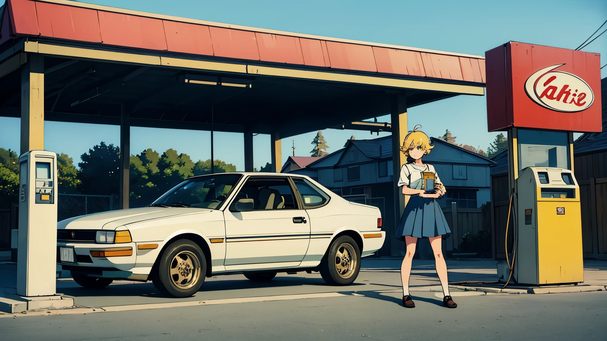 Picture a delightful anime scene featuring a charming girl with sunny yellow hair. Dressed in an endearing white shirt that perfectly complements her lively personality, she stands beside her iconic AE86 at a whimsical gas station. The atmosphere is reminiscent of a nostalgic era, with the station exuding a timeless charm.
In this enchanting tableau, the anime girl is not just filling up her AE86; she's gracefully engaging with the mundane task of refueling, turning it into a moment of pure, heartwarming magic. Captured from a captivating side view, every detail of the scene is carefully crafted to evoke a sense of whimsy and delight.
As she stands beside her car, the girl holds the gas pump with a mixture of familiarity and care, as if orchestrating a scene in an animated film. Her expression is nothing short of adorable, reflecting a blend of concentration and joy, adding layers of personality to the character.
The gas station itself is more than just a backdrop; it's a character in the story. Its nostalgic design transports viewers to a bygone era, where every detail is meticulously thought out – from the vintage signage to the flickering lights. The soft glow from the street lamps enhances the warm and vibrant ambiance of the scene, casting a gentle illumination on the anime girl and her AE86.
As the gas pump completes its task, the sound of the flowing fuel becomes a soothing melody, harmonizing with the ambient sounds of the night. The soft rustle of leaves, the distant hum of passing cars, and the faint chirping of crickets all contribute to the immersive experience.
Ultimately, this extended prompt paints a vivid picture of an anime girl with yellow hair, her charming white shirt, and the iconic AE86 at a gas station. It invites the imagination to explore a world where the ordinary becomes extraordinary, and each moment is a beautifully animated vignette.