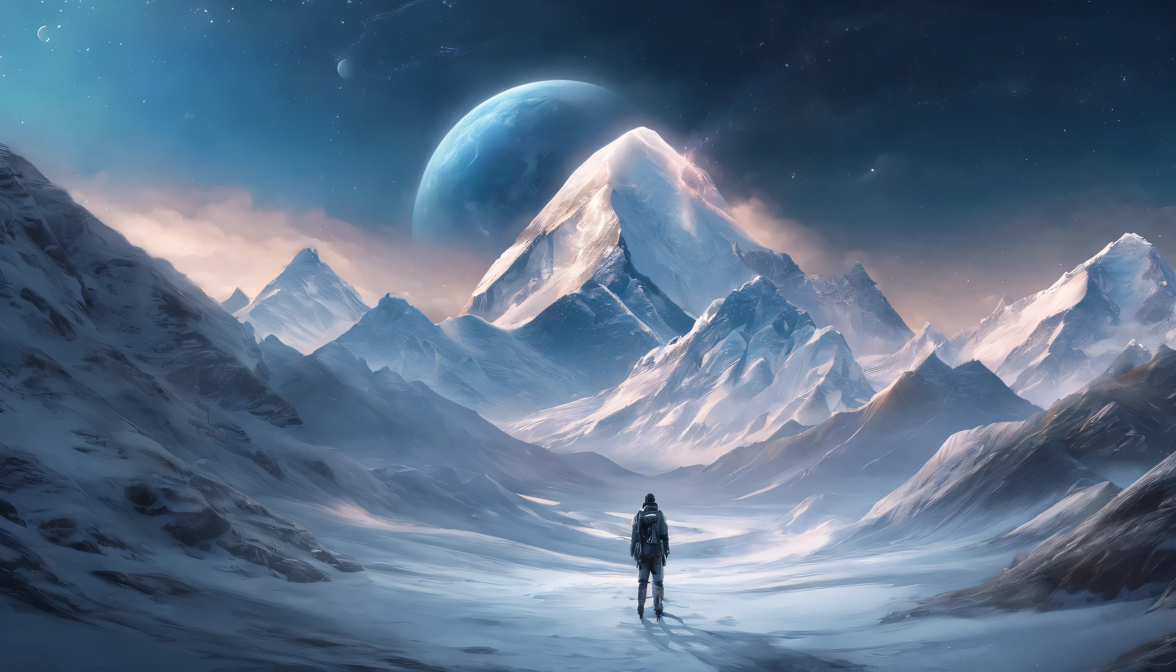 Low angle viewing angle,Huge planet,night,starry sky,Surrealism,mask,high resolution,Impressive galaxy:1.9,beach,Blue ocean,Drift ice,lightning:1.9,snow mountain,Monte Everest,Ultimate detail,