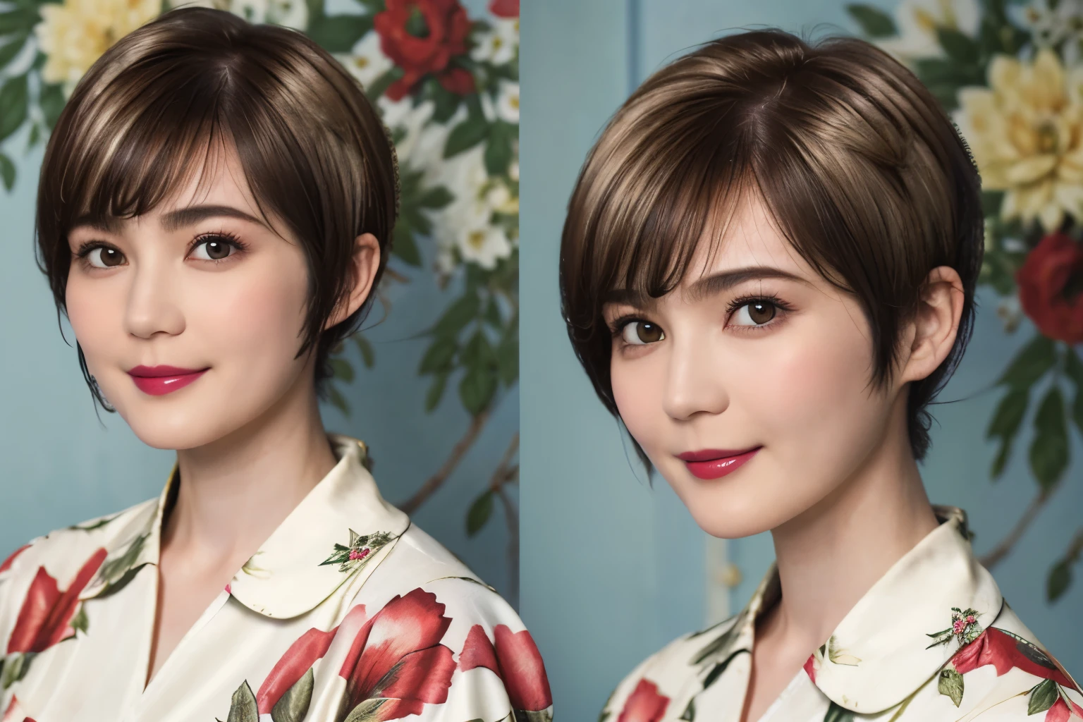 151
(20 year old woman,Floral clothing), (Super realistic), (high resolution), ((beautiful hairstyle 46)), ((short hair:1.46)), (gentle smile), (brest:1.1), (lipstick)
