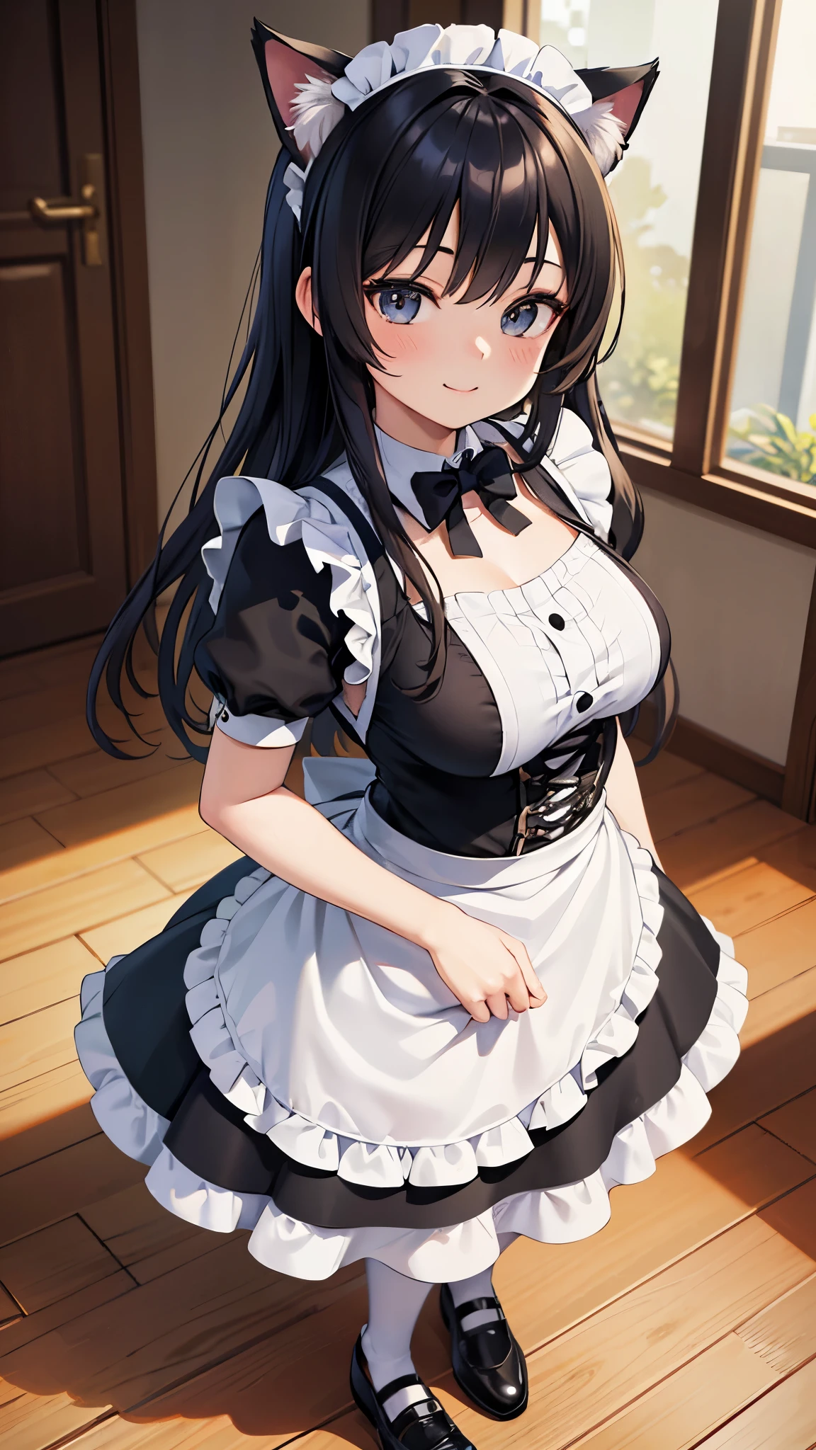 (Close-up of a standing anime character), ((Shot from the floor)), (anime cat girl with black cat ears and wavy and black hair, In maid costume), Full body commission, high resolution fees, (Maid clothes), (anime girl In maid costume, cat cosplay) (short dress), OC Committee, on pixiv, Cute Anime Cats, (waitress) girl, catgirl anime, Beautiful maid, Full body commission for anime, ultra realistic texture, realistic pictures, Super detailed, no drawing edges, smile! , realistic, ultra realistic clothing texture, Natural light, realistic lighting, no dark edges, detailed shadow, ultra realistic pictures, absurd realistic, realism, no drawing edges, ultra absurd realistic, mega realistic hair, mega realistic clothes, absurdly realistic details, No deformation, no drawing edges, no drawing lines, 8K, 4K