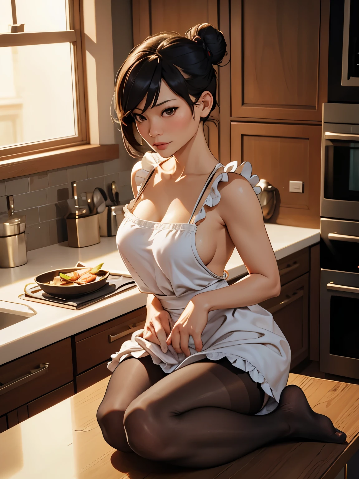 Lucy Liu, French maid, no bra, pantyhose, no shoes, high bun haircut, kitchen