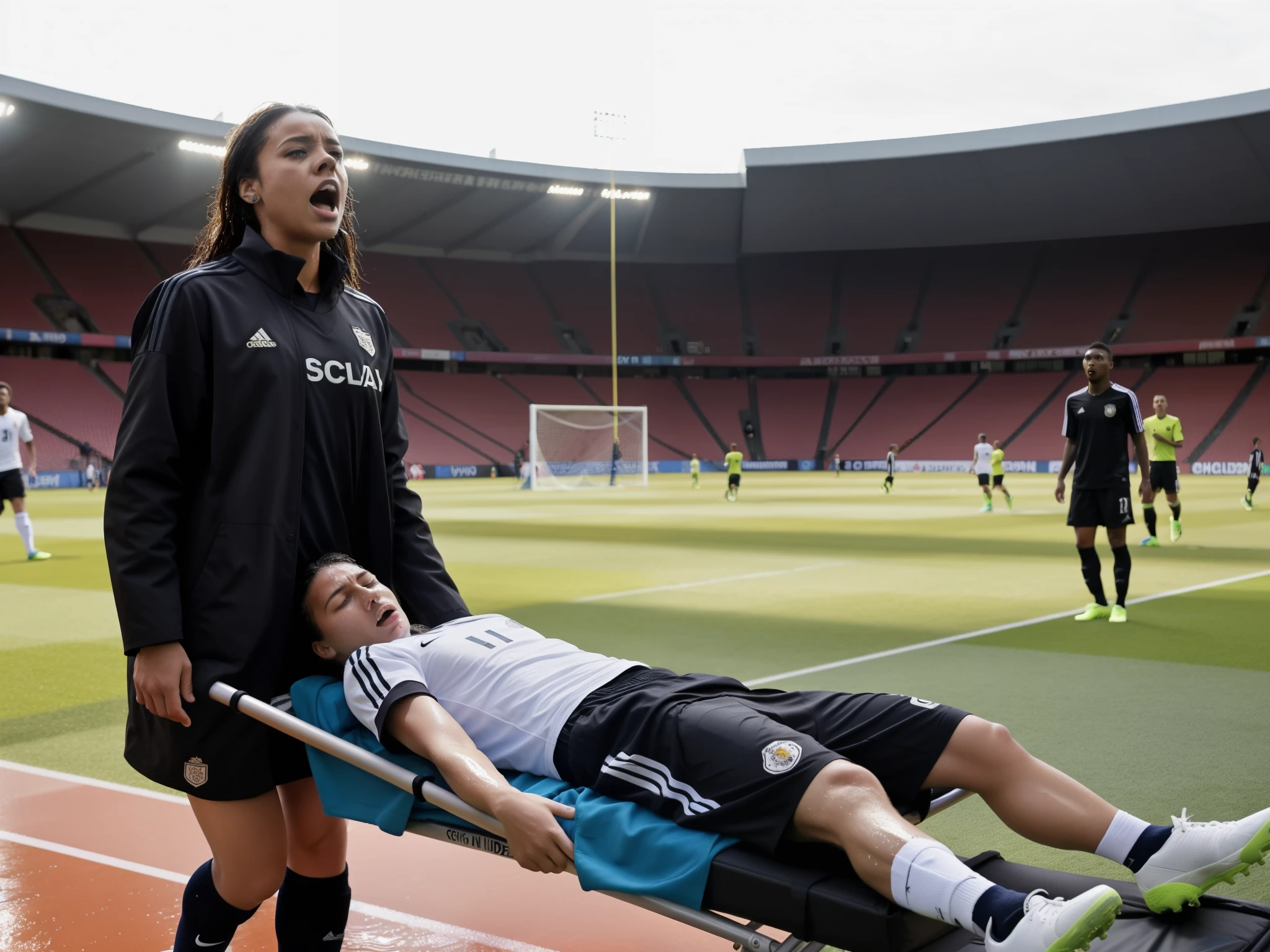 a soccer scene in a sports stadium, cool and wet weather conditions, humide, Rihanna carrying a stretcher, Rihanna in a very shiny coat who are carrying a stretcher in a sports stadium, there is a wounded male soccer player in a matte short cotton sports outfit lying on the stretcher, an injured male soccer player in matte cotton sportswear is lying in pain on a stretcher, a soccer player in matte cotton sports clothes is rearing up in intense pain while lying on a stretcher, dramatic scene, theatralic posing scene, dramatic pity scene, injury soccer, first aid, help, pity, there are four female medics in wetlook high-shine coats who are looking very sad and very terrified and very shocked, the injured soccer player is screaming out in pain while he is carried from the pitch on a stretcher