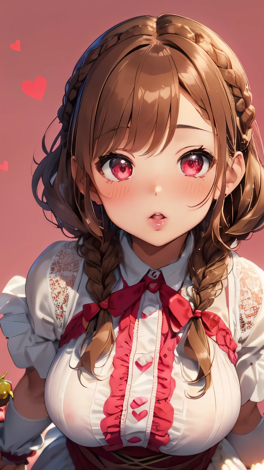 (light brown hair:1.2),(short hair with curls:1.3),(braided hair:1.45),(big ribbon:1.3),(Strawberry-colored clothes that look like they are coated with chocolate:1.4),((Clothes with lots of lace:1.3)),((valley:1.3)),(eye size:1.5),(heart-shaped chocolate accessories:1.3),((Feminine fashion:1.4)),(lovely and fancy background:1.5),(Slightly blush),(About :1.3),((focus on face:1.2)),break//((The overall atmosphere is like a lovely chocolate world.)),((Lively candy soldiers:1.5)),((kiss face:1.2)),((NSFW))