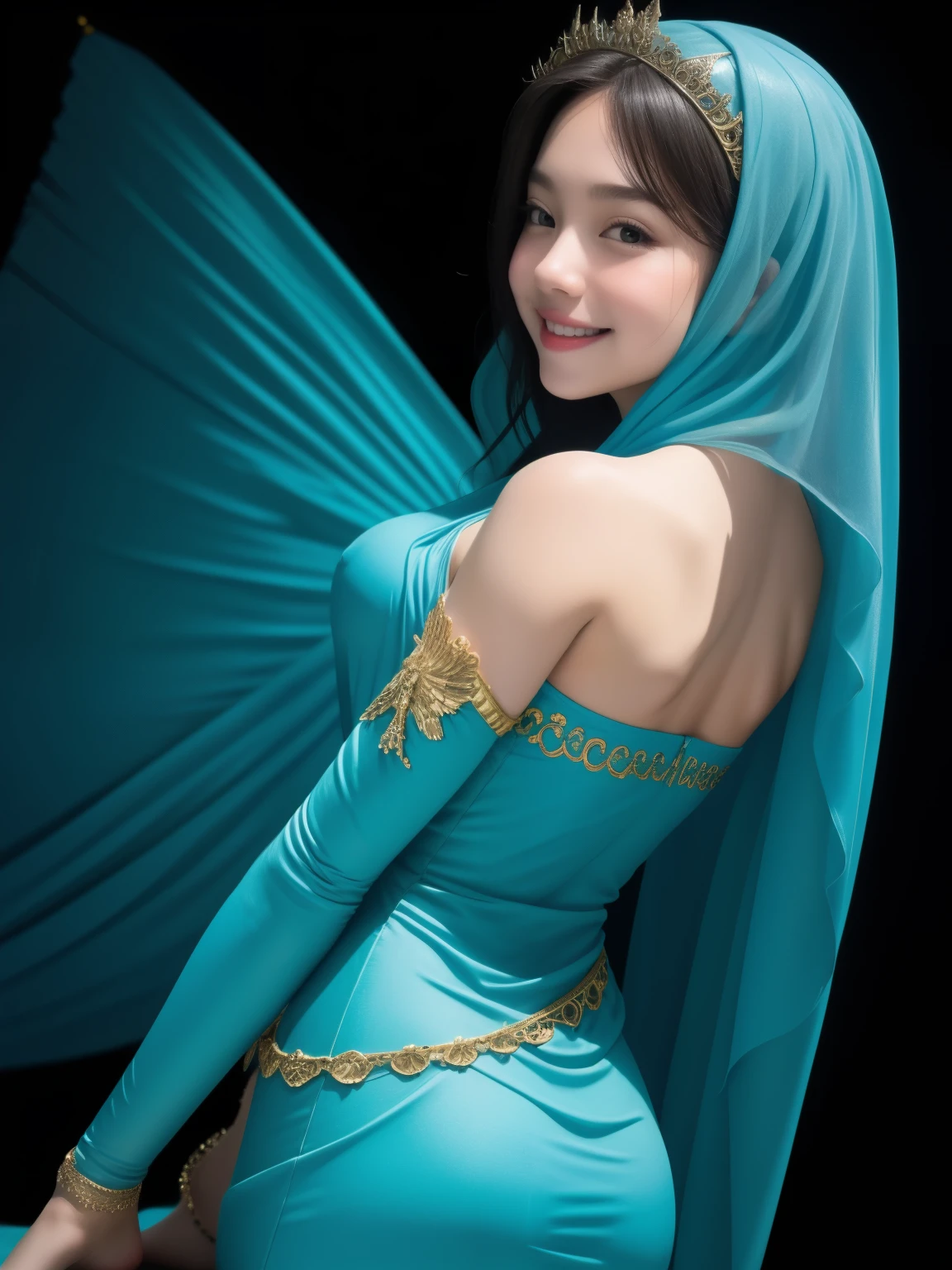 An angel sexy pose, pair of wings attached on body, realistic face, angelic body, blue veils, happy eyes, smiling, low density, 10 sharpen, back view, exposed body
Location: Fantasy land