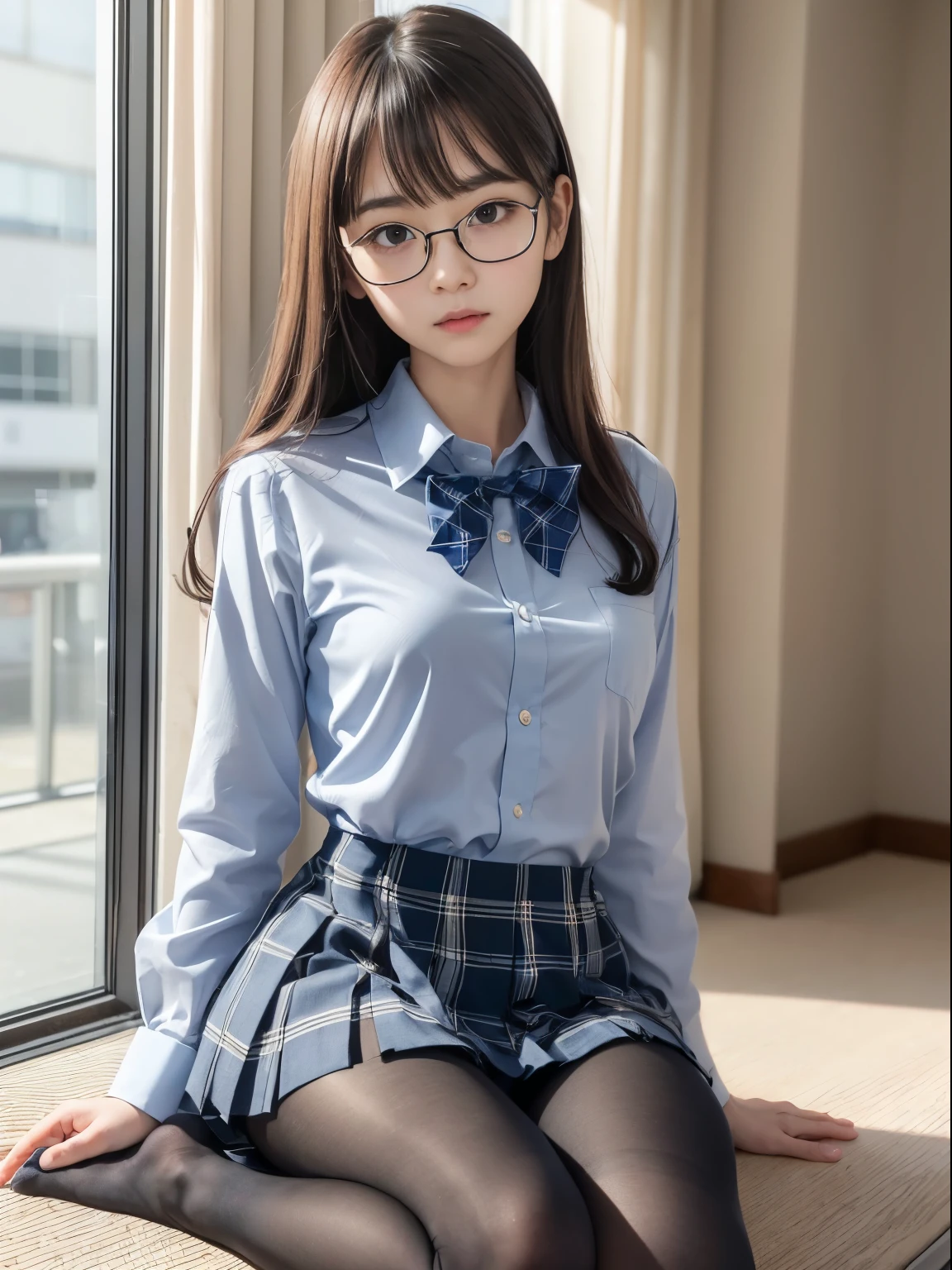 (I can see my underwear)、((細いeye))、((細いeye))、((細いeye))、(8K、生photographgraphy、highest quality、masterpiece:1.2),、small、(flat chest)、(flat chest)、(flat chest)、(flat chest)、(flat chest)、(Are thin)、Fair skin、Whitening、dark look、skinny,sex appeal,Fair skin肌,Saucy,Schoolの,looking at the viewer,looking straight ahead,high-pitched clothes,erotic,students,white skin,knees,(((black pantyhose)),((black pantyhose))),disorganized,(small face),(small face),I can see the forehead,Bangs hanging from the left and right sides of the forehead,(cold look,eyeがきつめ,glare,bullish,anger)、masterpiece,highest quality、ultra high resolution,生photograph,beautiful,beautiful,There is only one person, solo,Glasses,,dark look,small breasts same,full body,(まるGlasses),JK uniform,high school girl,japanese woman, (photorealistic:1.37)、School、photon mapping,Reality、beautiful woman,cute baby face,ブラウンeye、black socks、(red bow tie)、radio city、Physically based rendering、depth of field rally background、photograph,body,beautiful feet, long legs, thin legs,(I can see my bangs), Hairy pubic area, lips, blue_eye, nose soft,(light blue dress shirt), (Navy, blue and white plaid pleated skirt), kneesが見える,transparent clothing,, Peaches, black cotton socks,Nogizaka Idol, , japanese idol