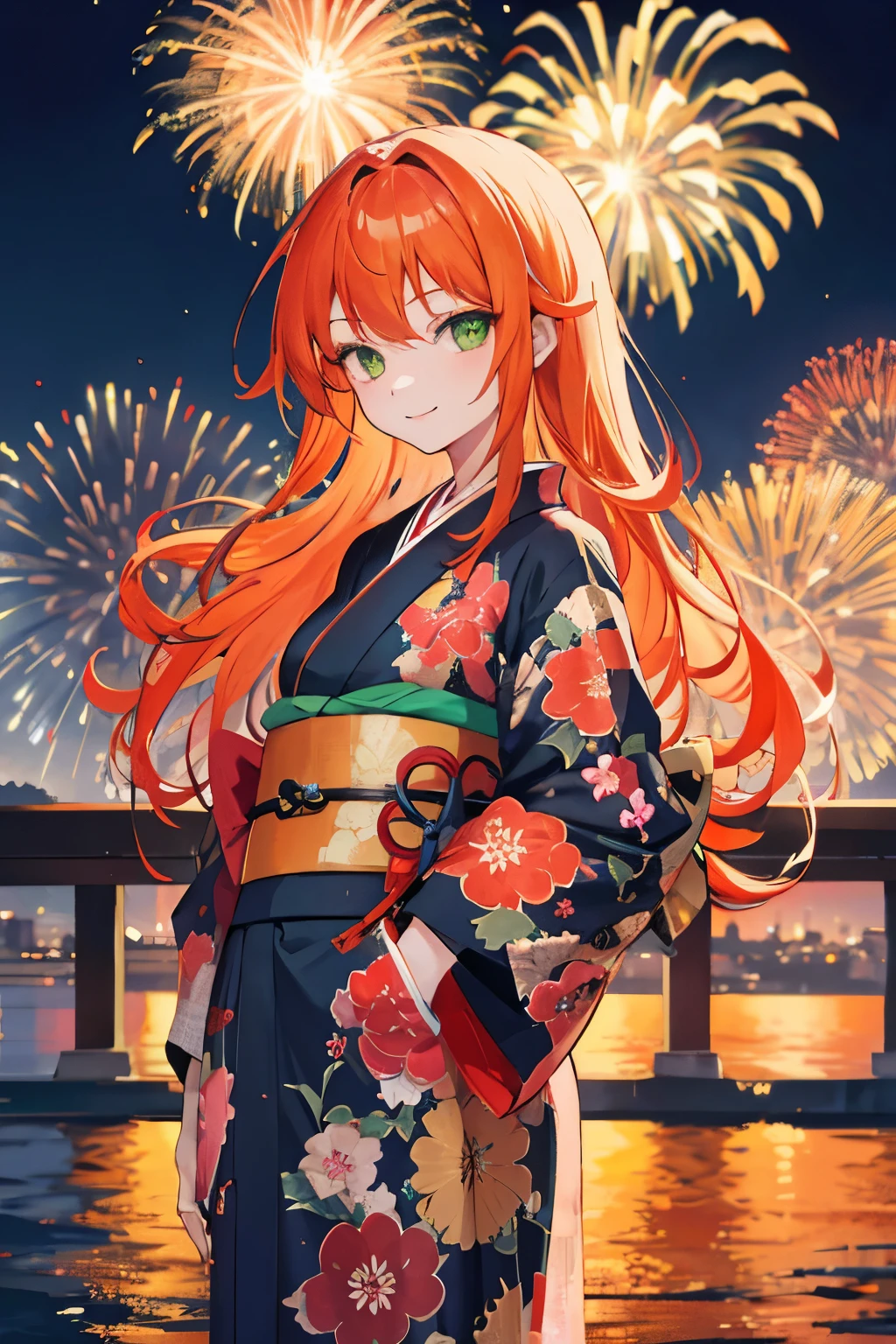 1 girl,night city,fireworks,kimono,orange hair,long hair,green eyes,hands in pockets,Smile