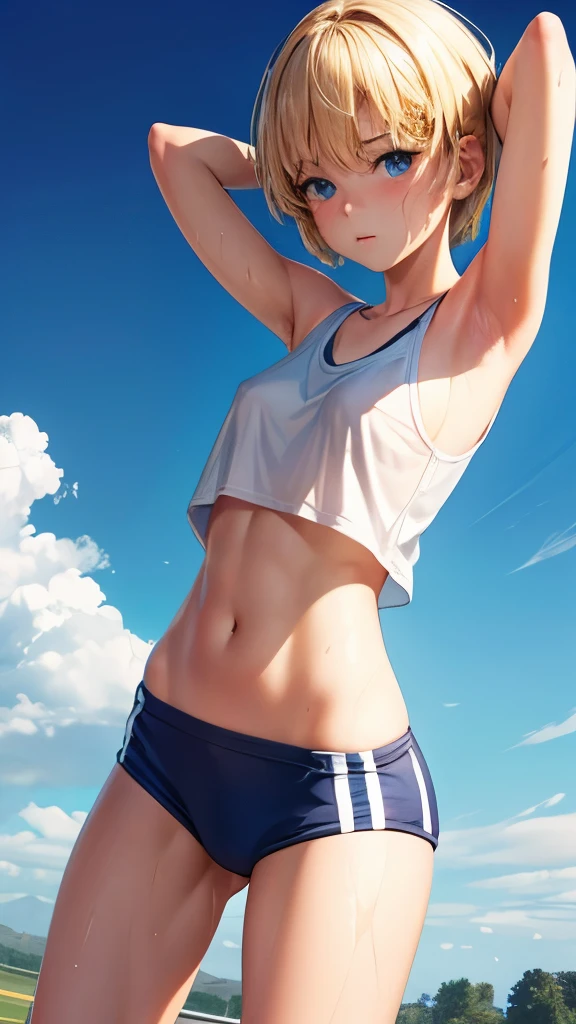 outdoor athletic field,very high definition, very realistic, 8k, european beautiful girl, small breasts, Breast B cup ,,beautiful feet, high and high school girls, white tank top, Athletics, make eye contact, A face that is very reluctant, the whole body is wet, Clothes are wet, blonde, I can't see the nipples, Keep both knees on the ground, Knee bend,, Raise both arms high, Spread your hands from side to side, Navel exposed, short hair, Clothes are sheer, So that the whole body is visible, Perspective from above,