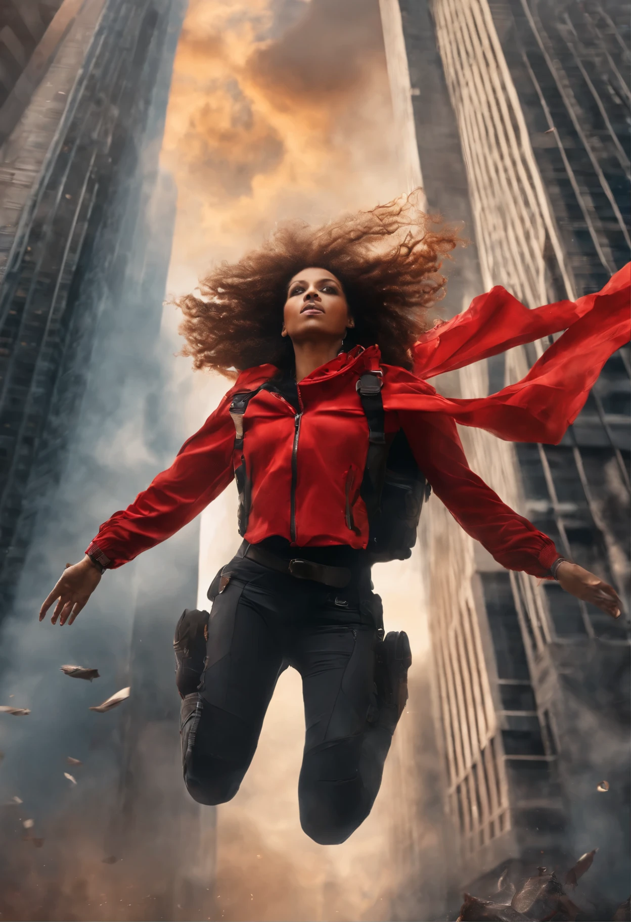 I dont know what i think 🤣🤣🤣
Prompt : close-up, A dramatic and intense scene of a women in mid-air amidst skyscrapers, with their hair flowing wildly and arms outstretched, wearing detailed full red tactical gear, surrounded by flying objects or debris, under a cloudy and tumultuous sky with rays of light piercing through the clouds, her like grab a camera