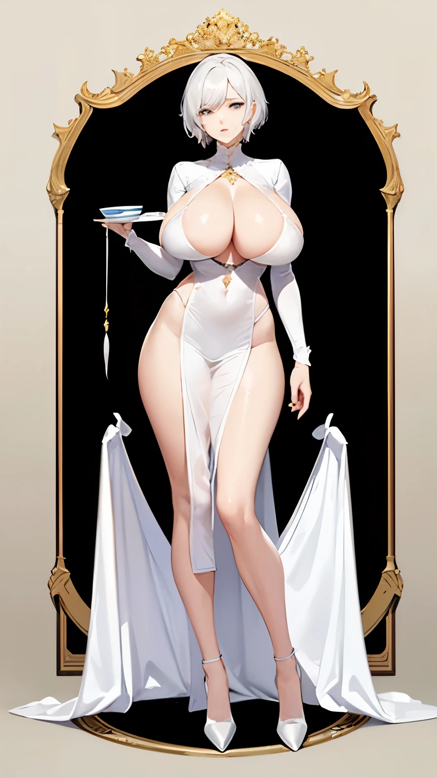 a mature woman，elder sister，Royal sister，white short hair，Breast patches，Bikini swimsuit，huge breasts，E cup，model figure，slender waist，long legs，Show the chest，High heel，Standing posture，Look ahead，Full body image，White background