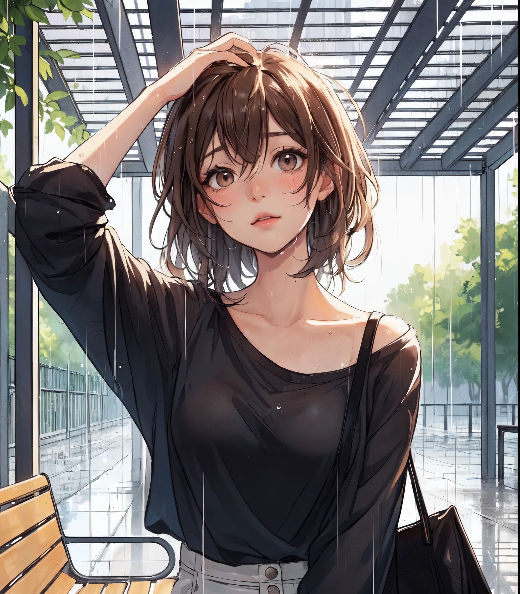 1lady solo, (looking up at the sky:1.2) (taking shelter from the rain), (stylish outfit), mature female, /(dark brown hair/) bangs (wet hair:1.2), (melancholic expression:0.6) (light blush:0.8), (masterpiece best quality:1.2) delicate illustration ultra-detailed, medium breasts, holding a bag BREAK (rainy:1.2), (raindrops falling:1.1) BREAK (urban park) outdoors, (under pergola:1.2) bench, detailed background