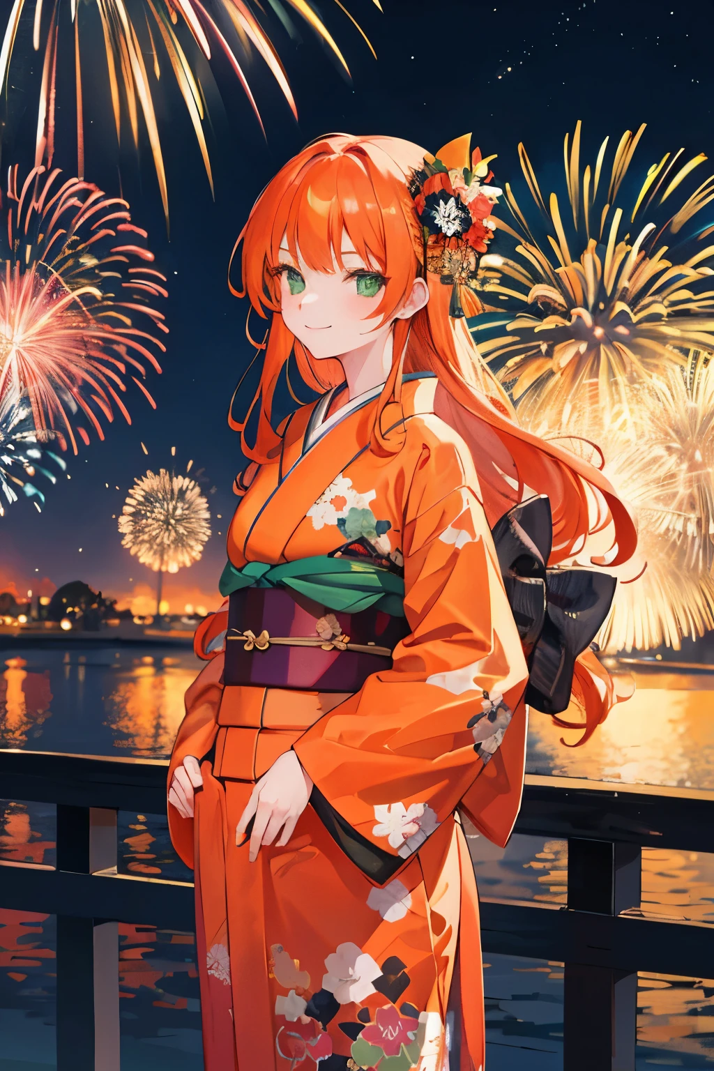 1 girl,night city,fireworks,kimono,orange hair,long hair,green eyes,hands in pockets,Smile