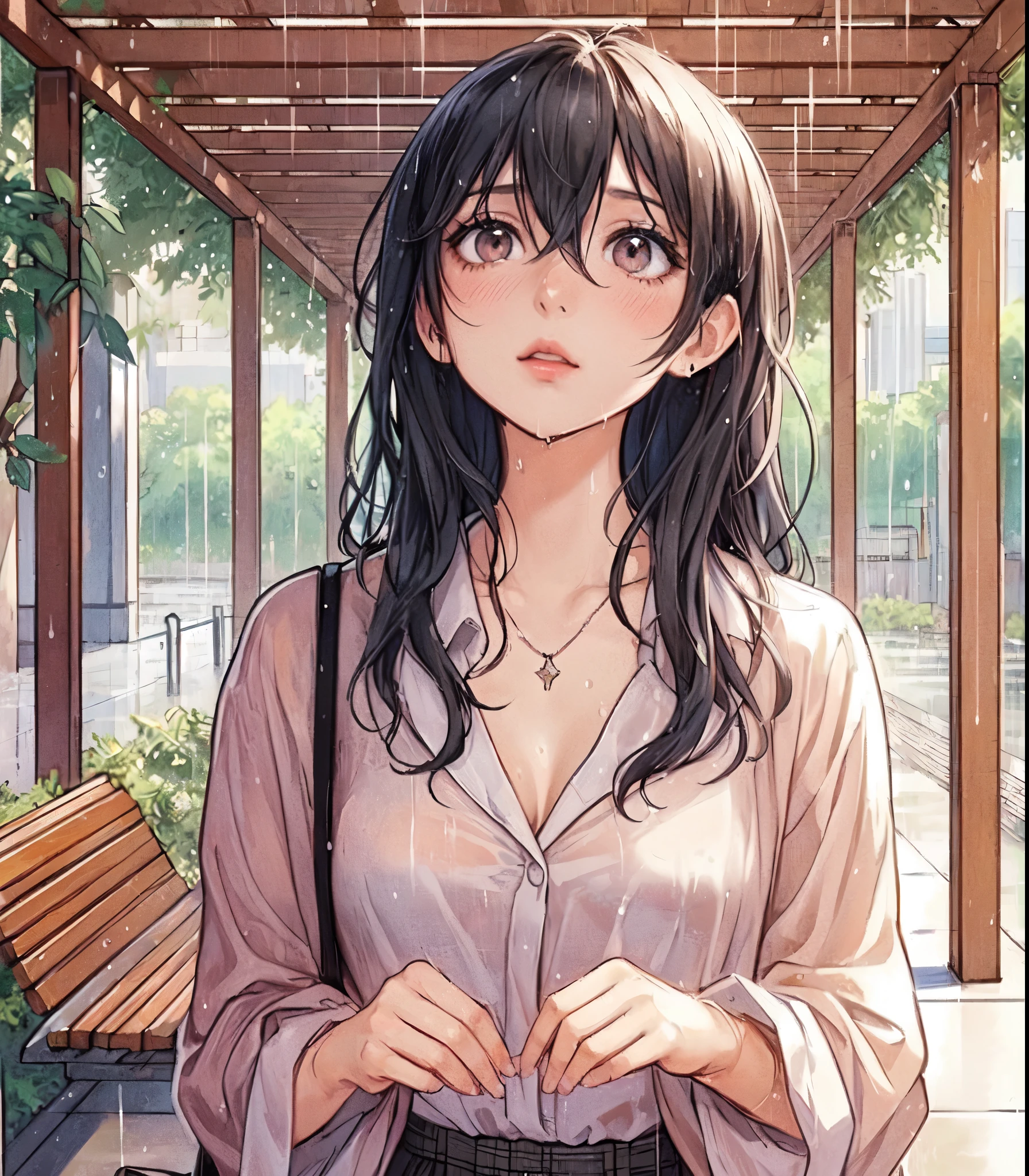 1lady solo, (looking up at the sky:1.2) (taking shelter from the rain), (stylish outfit), mature female, /(black hair/) bangs (wet hair:1.2), (melancholic expression:0.6) (light blush:0.8), (masterpiece best quality:1.2) delicate illustration ultra-detailed, medium breasts, holding a bag BREAK (rainy:1.2), (raindrops falling:1.1) BREAK (urban park) outdoors, (under pergola:1.2) bench, detailed background