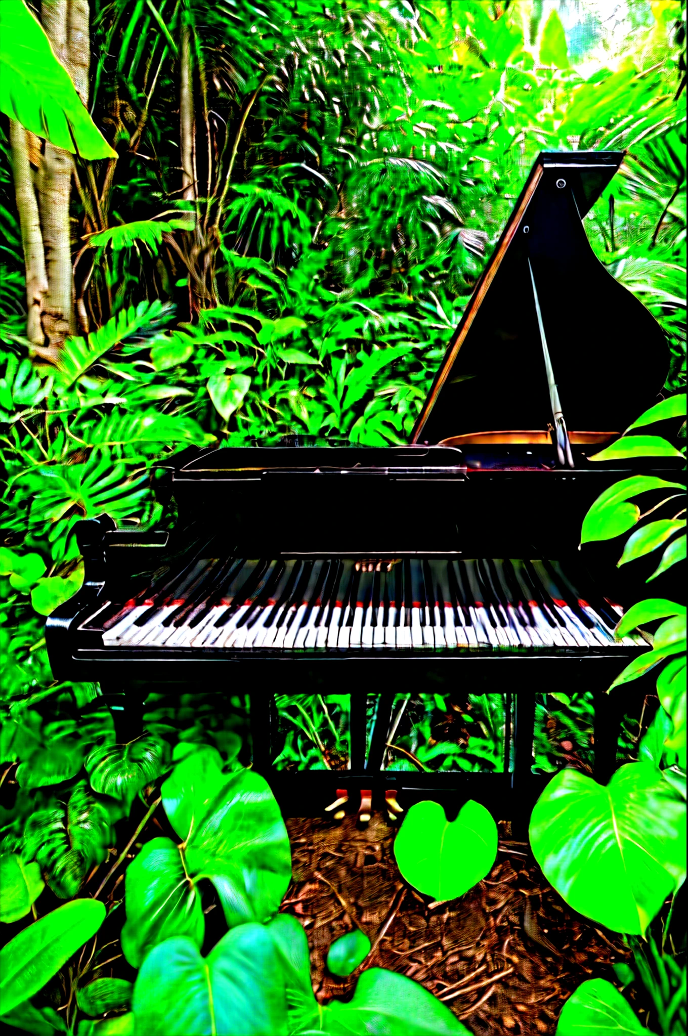 In the heart of a fantastical and magical jungle, an akustik pianos, making circles of music that reverberate through the lush greenery. The piano, with its elent design and shiny black surface, appears almost otherworldly amidst the vibrant colors and wild textures of the jungle.
The piano keys glisten with each gentle press, releasing melodies that echo through the jungle, enticing exotic wildlife to sway and dance along. The music seems to awaken the jungle, as leaves rustle softly and flowers bloom in harmony with every note.
This masterpiece, captured in high resolution, showcases every intricate detail of the piano and the surrounding j