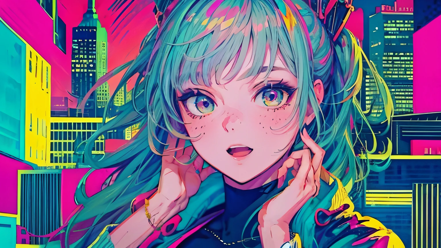 best quality, 4K wallpaper, masterpiece, extremely detailed CG unity 8k wallpaper, extremely detailed eyes, ultra-detailed, intricate details, face close up 1 happy girl in center, "no hand" retro art style, neon_pop art style, public, outdoors, roof top, city view, city building