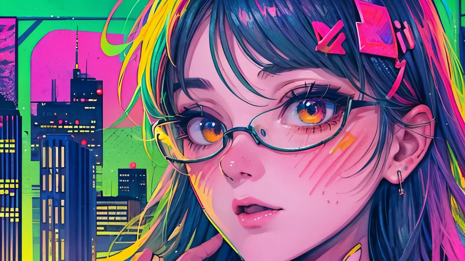 best quality, 4K wallpaper, masterpiece, extremely detailed CG unity 8k wallpaper, extremely detailed eyes, ultra-detailed, intricate details, face close up 1 happy girl in center, "no hand" retro art style, neon_pop art style, public, outdoors, roof top, city view, new york city building