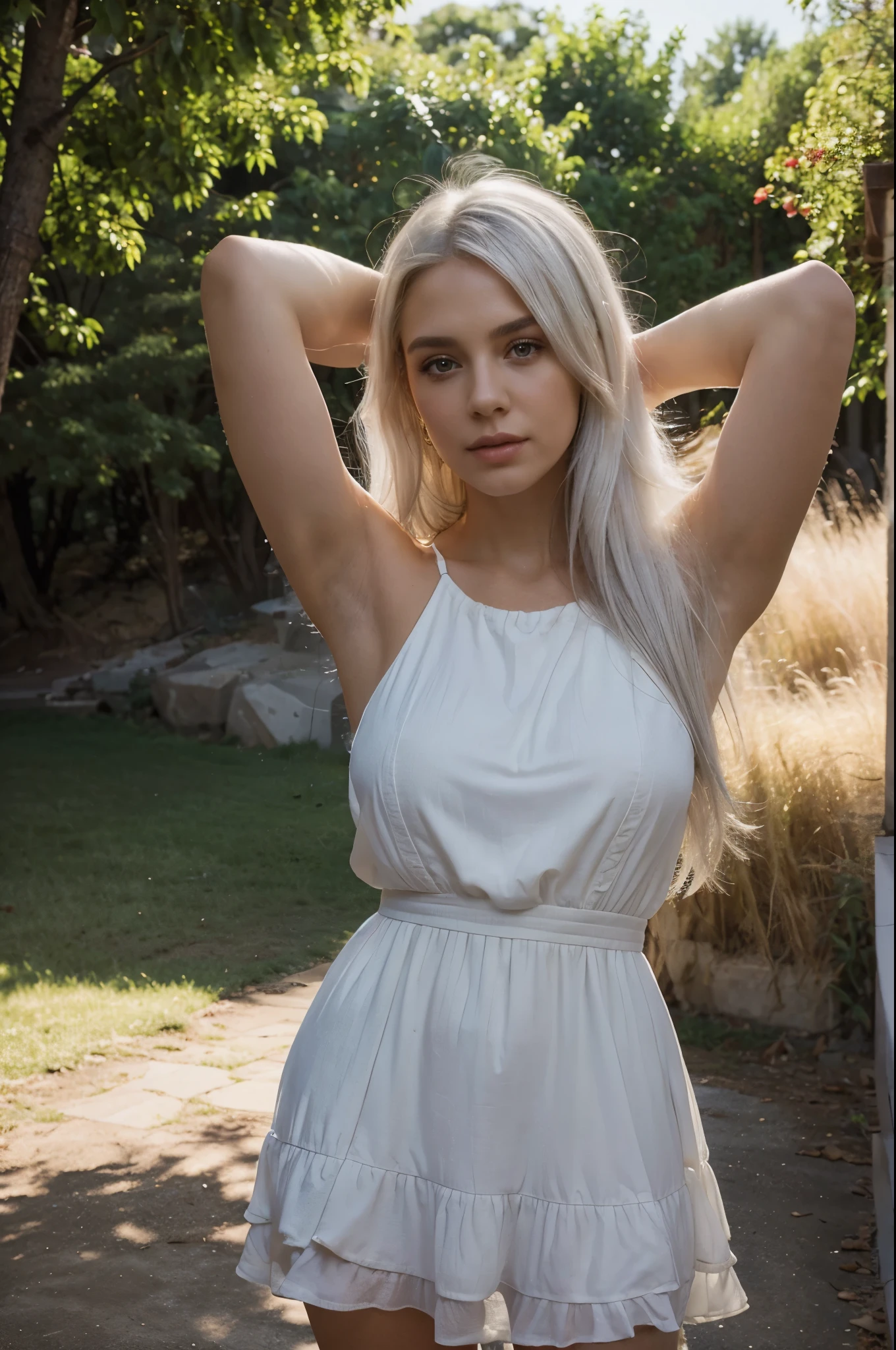 masterpiece, best quality, (photorealistic:1.4), full body, (dress:1.1), landscape with Proportion, cinematic light, beautiful woman, arms behind head, skinny, white hair, layered hair, detailed face, perfect face,
