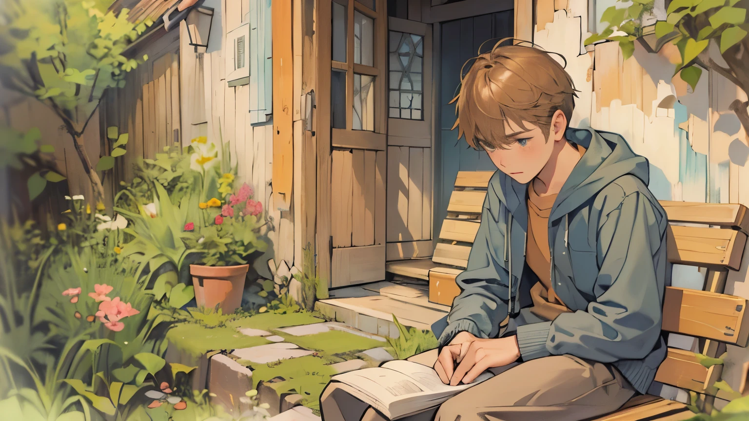 Illustrate a medium shot of 14 years old boy Peter sitting outside his cottage on a wooden bench in front side Garden of his small cottage, hunched over a sketchbook. His face should reflect a tinge of sadness and longing for companionship, capturing the essence of his loneliness --seed 4277120850