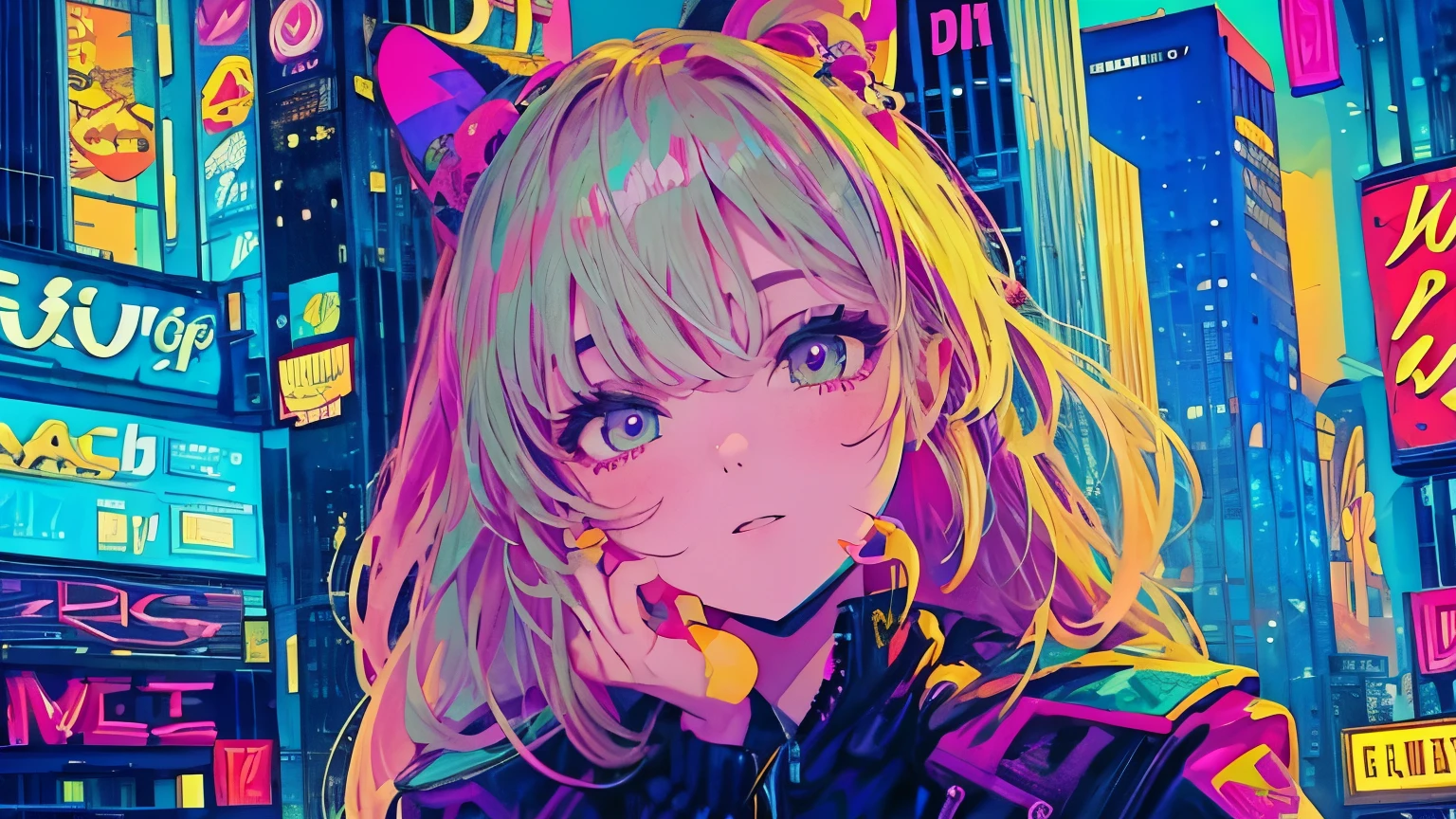 best quality, 4K wallpaper, masterpiece, extremely detailed CG unity 8k wallpaper, extremely detailed eyes, ultra-detailed, intricate details, face close up 1 happy girl in center, "no hand" retro art style, neon_pop art style, public, outdoors, roof top, city view, gotham city building
