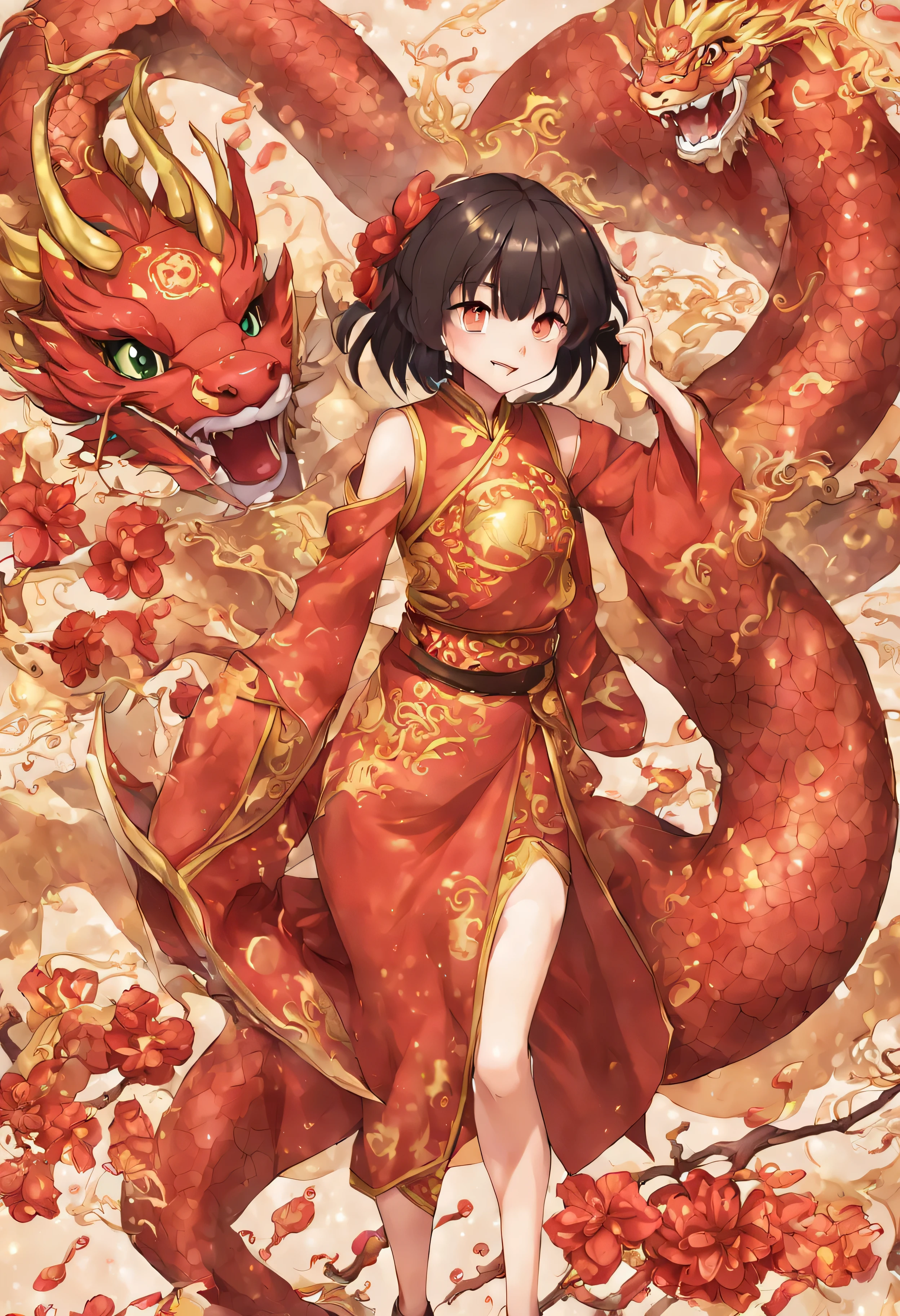 anime, dragon girl, jubilation, chinese new year, chinese, full_body