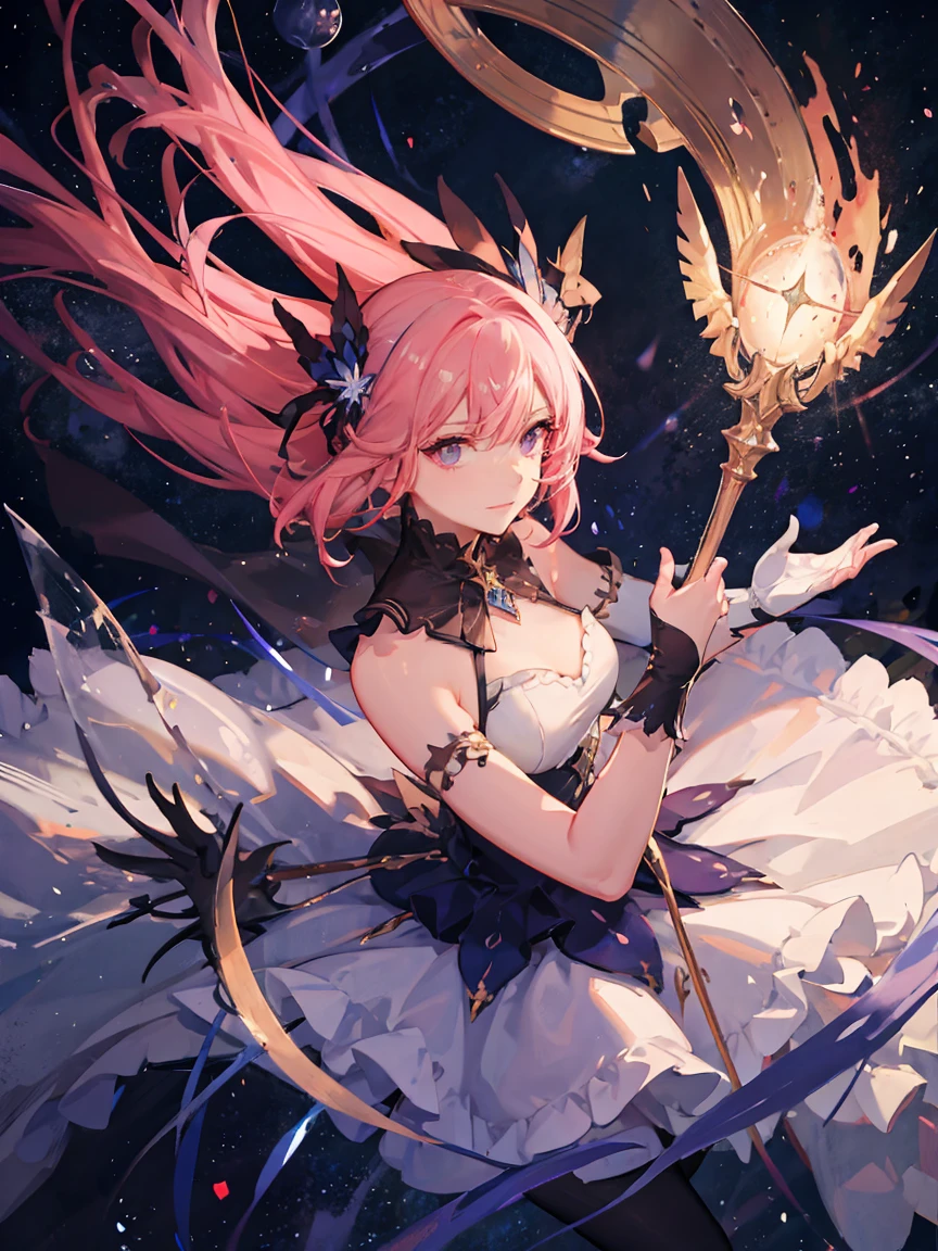 (masterpiece:1.2), best quality,PIXIV, fairy tale girl, detailed portrait of female 1girl, long hair, floating, magical girl, frilly dress, holding magical staff, {{ultra-detailed}}, {illustration}, cinematic angle, {detailed light},cinematic lighting, pink dress, pink hair, fighting stance
