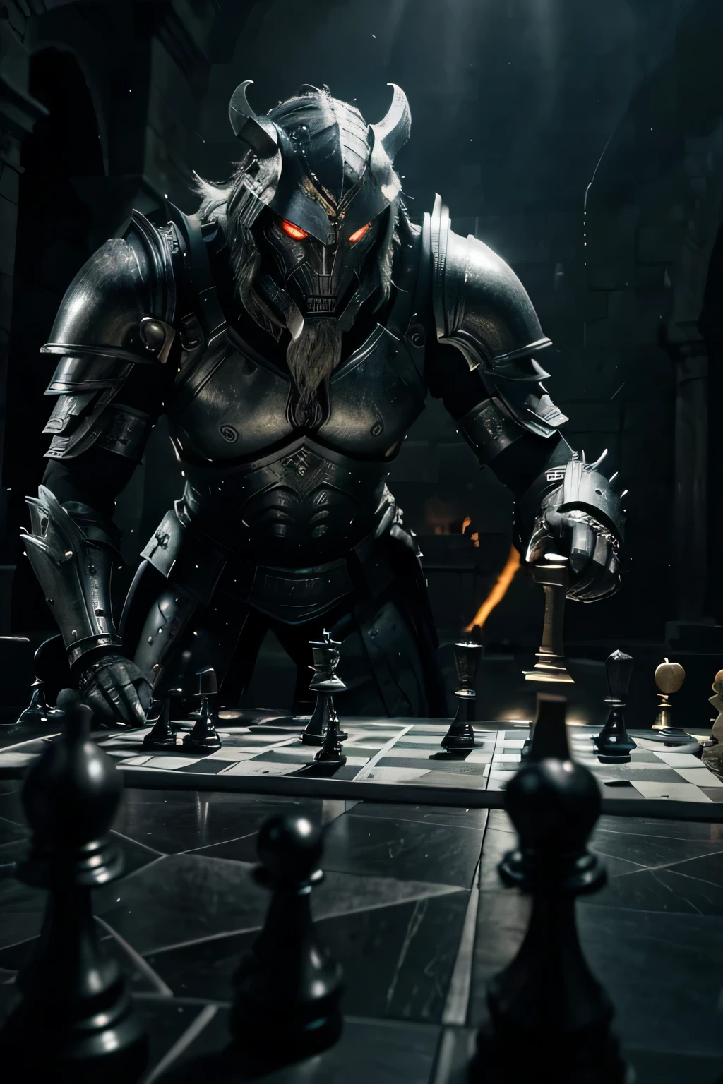 An **epic chess battle scene** with **living pieces** as mythical creatures and warriors, **two formidable netherworld creatures** in combat against an **epic human hero**, their intense stare down illuminating their faces, a **dynamic chessboard** with knights to pawns as armored warriors and mystical creatures like basilisks and chimeras, **dramatic, intense lighting** breaking through dark clouds, spotlighting intricate details, a greyish tone for an ethereal atmosphere, a blend of realism and fantasy with visible details of the netherworld creatures and shining warrior armor in a surreal setting, surrounding rocky formations adding mystery, all elements caught in an eternal moment of precarious victory or defeat, a rectangular frame with the chessboard dominating, and shades of grey, black, and white casting an otherworldly glow.