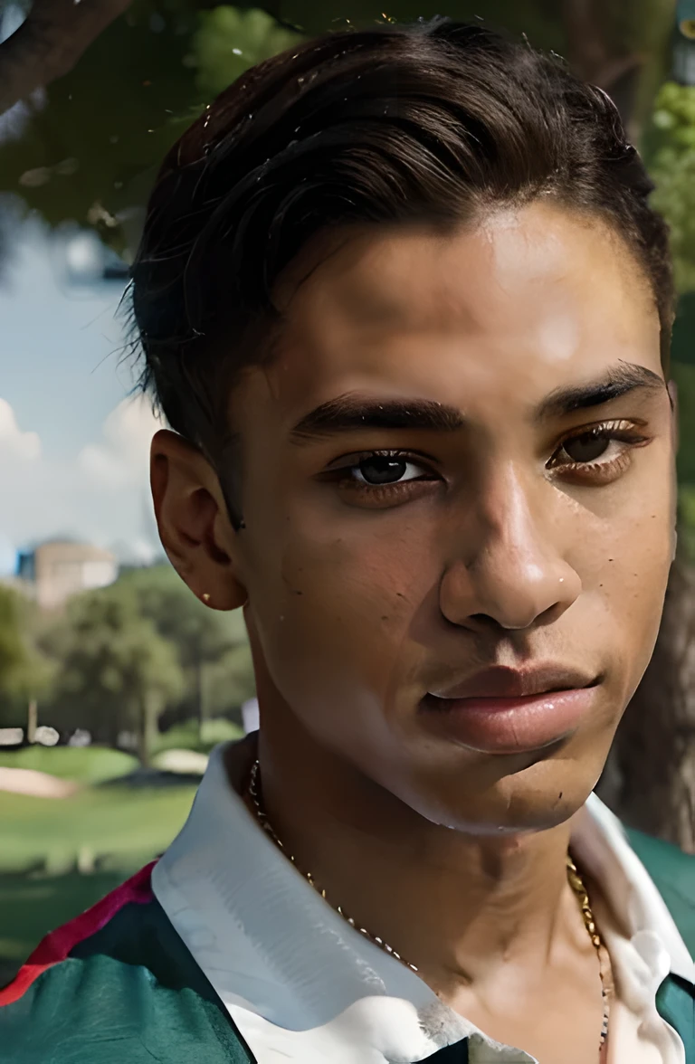 (best quality,4k,8k,highres,masterpiece:1.2),ultra-detailed,realistic,portrait,teenage lightskin boy,beautiful detailed eyes,detailed lips,fashionable stylish boy,confident pose,golf course background,vibrant colors,natural lighting