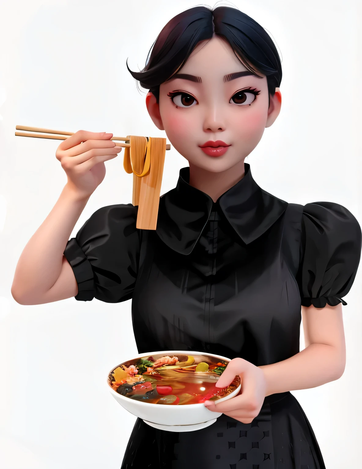 black ethnic wear,puff sleeves,Holding chopsticks,half cut sleeves,Take the bowl