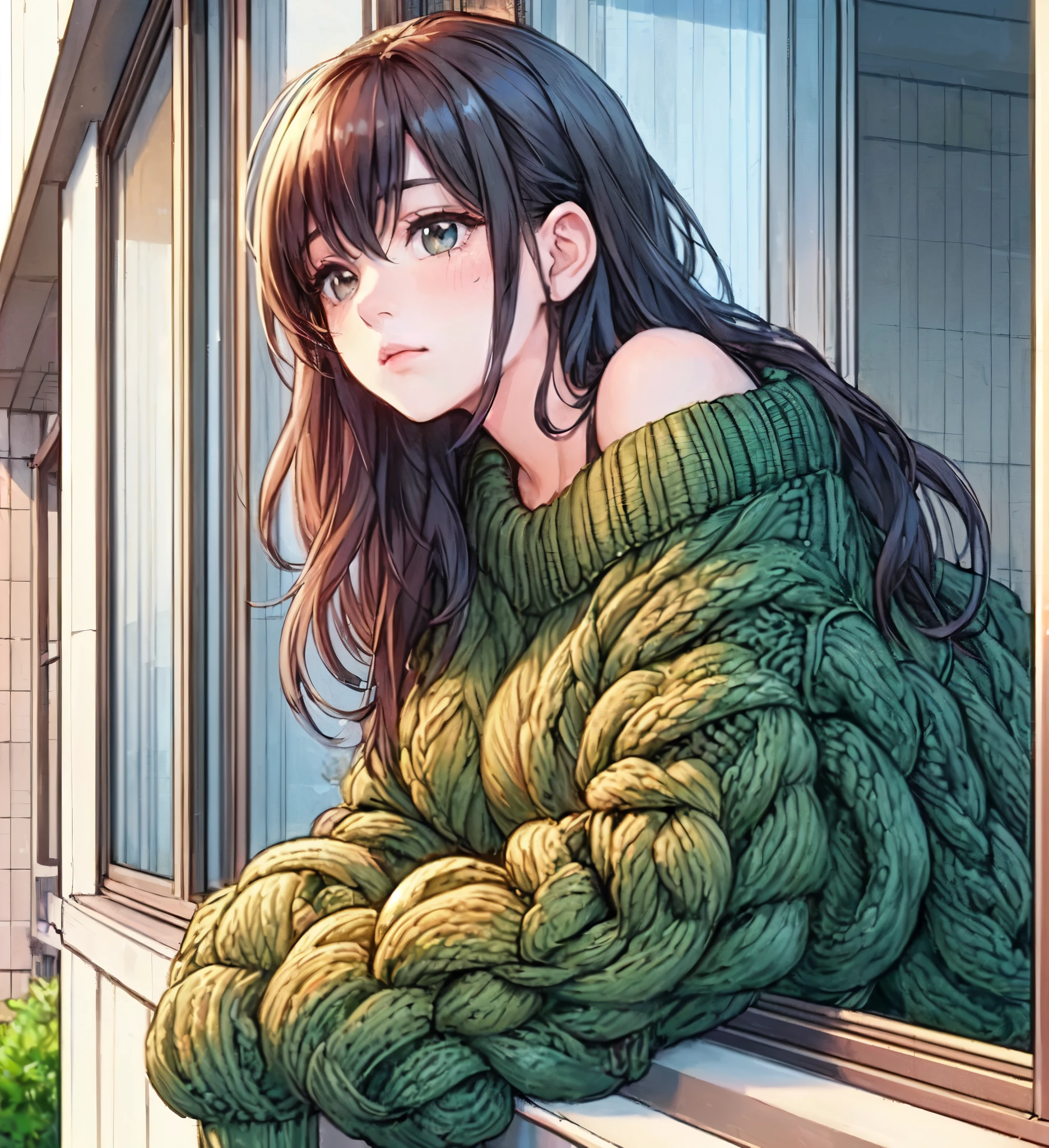 1lady standing, (leaning on railing of balcony with elbow:1.2) (gazing into the distance), (bulky knit sweater) stylish, mature female, /(dark brown hair/) bangs, (melancholic expression:0.6) (light blush:0.8), (masterpiece best quality:1.2) delicate illustration ultra-detailed, medium breasts BREAK (typical apartment balcony) outdoors, street, sky, detailed background