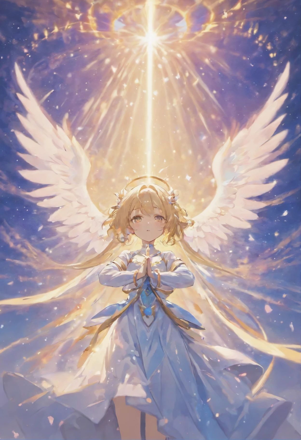 微笑みながらpray天使、angels have beautiful white wings、smiling under the blue sky。angel&#39;s eyes are closed、I&#39;m in the posture of putting my hands together。Soft light shines in around you、It has a sacred atmosphere。You can feel calm and peace from the angel&#39;s expression.。(masterpiece, highest quality, highest quality, official art, beautiful and aesthetic:1.2), (1 girl), very detailed, (fractal art:1.3), colorful, most detailed, perfect face, Upper body, HDR, (pray:1.3), (white costume golden line:1.2), Milky Way, (light streaks), striking visuals, (dynamic streaks, Path of Light:1.2), Bright colors