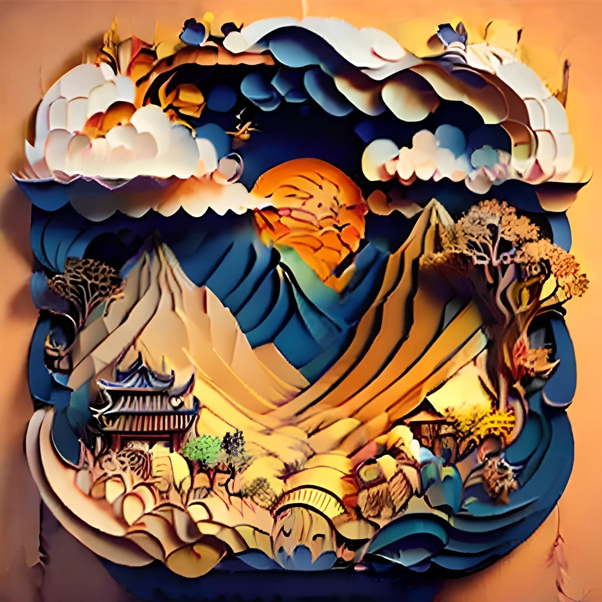 (best quality,4k,8k,highres,masterpiece:1.2),ultra-detailed,(realistic,photorealistic,photo-realistic:1.37),3D Paper Cutting Multidimensional Paper Cutting,Paper Cutting,Chinese Painting,Chinese illustration,landscape view,auspicious clouds,light beige background,gradient pasta style