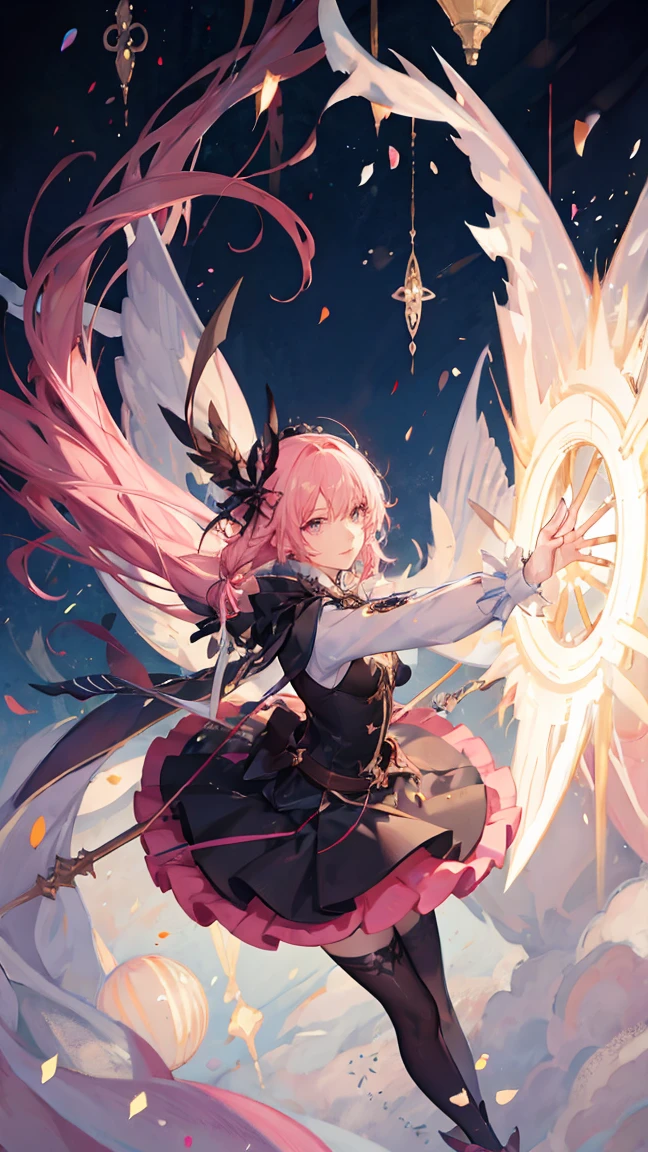 (masterpiece:1.2), best quality,PIXIV, fairy tale girl, detailed portrait of female 1girl, long hair, floating, magical girl, frilly dress, holding magical staff, {{ultra-detailed}}, {illustration}, cinematic angle, {detailed light},cinematic lighting, pink dress, pink hair, fighting stance
