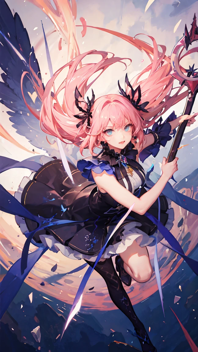 (masterpiece:1.2), best quality,PIXIV, fairy tale girl, detailed portrait of female 1girl, long hair, floating, magical girl, frilly dress, holding magical staff, {{ultra-detailed}}, {illustration}, cinematic angle, {detailed light},cinematic lighting, pink dress, pink hair, fighting stance