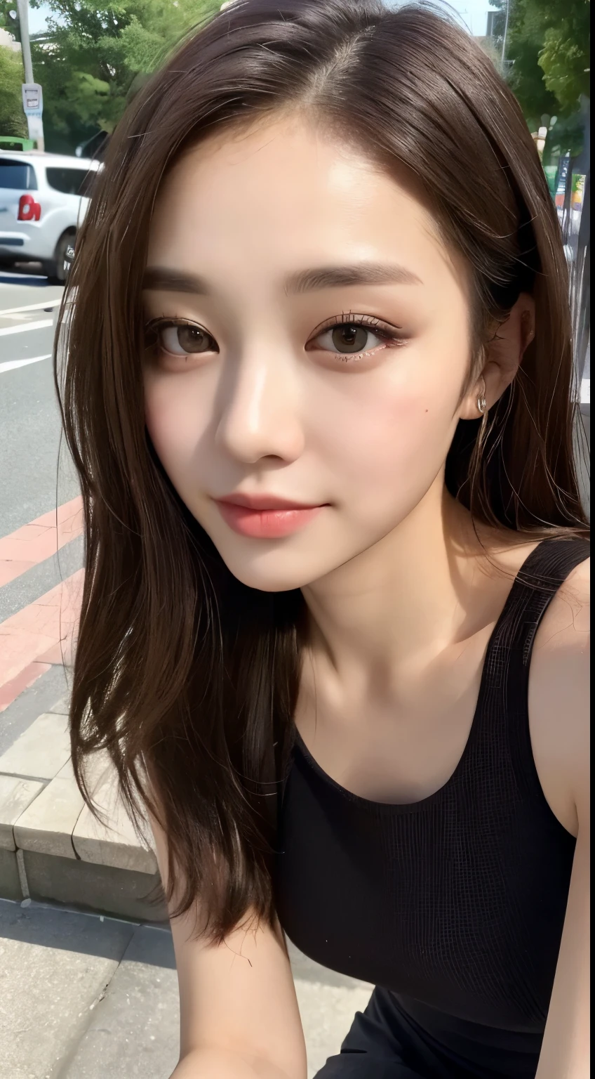 ((top quality, 8k, masterpiece: 1.3)), 1 girl, smile, full body, slim face, pretty woman, (dark brown hair), ultra detailed face, detailed eyes, double eyelids, blurred background, slim face, city, outside, street, mini skirt, perched on bench, tank top