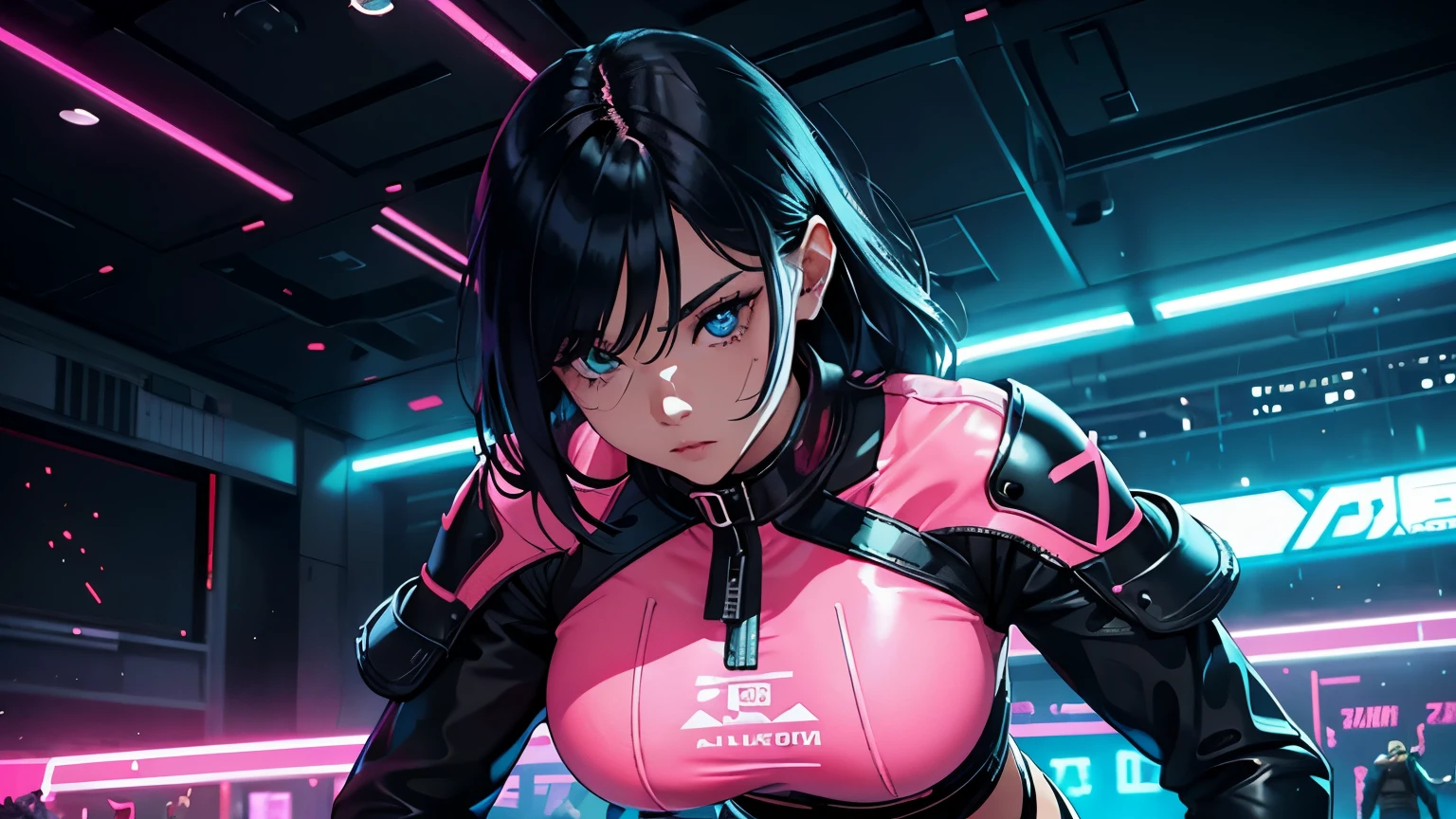 4K, A high resolution, Best quality at best, masterpiece, perfect colors, perfect shadow, perfect litthing, ((sportrait)), 1woman, fit-muscled body, bright yellow eyes，dark blue hair , blue eyes, With round lenses, detail in eyes, The audience watched carefully, (s face: 1.2), Perfect female figure, ((standing)),  ((neon pink Tight crop top leather suit)), ((shy and looking at viewert)), (Perfect thick white eyebrows) Delicate fur, 详细s face, s the perfect face, At a  fantasy cyberpunk city , (model pose standing), energetic background, perfect  city skyscape,  lighting atmosphere, ((Bonifasko lighting)), (The round lenses on his eyes)(詳細な目), Perfect student, face close up