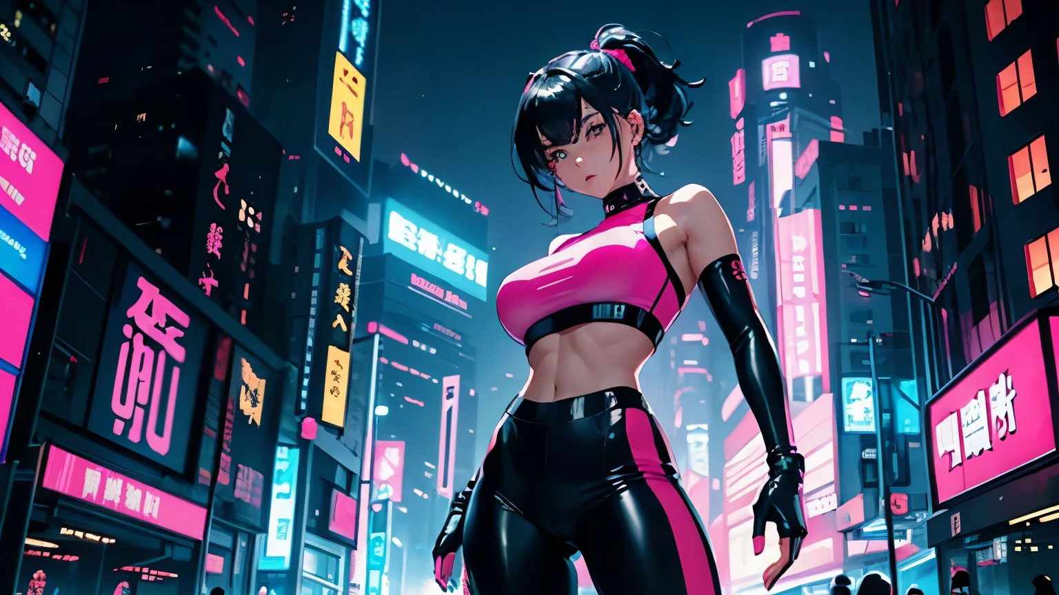 4K, A high resolution, Best quality at best, masterpiece, perfect colors, perfect shadow, perfect litthing, ((sportrait)), 1woman, fit-muscled body, bright yellow eyes，dark blue hair , blue eyes, With round lenses, detail in eyes, The audience watched carefully, (s face: 1.2), Perfect female figure, ((standing)),  ((neon pink Tight crop top leather suit)), ((shy and looking at viewert)), (Perfect thick white eyebrows) Delicate fur, 详细s face, s the perfect face, At a  fantasy cyberpunk city , (model pose standing), energetic background, perfect  city skyscape,  lighting atmosphere, ((Bonifasko lighting)), (The round lenses on his eyes)(詳細な目), Perfect student, face close up