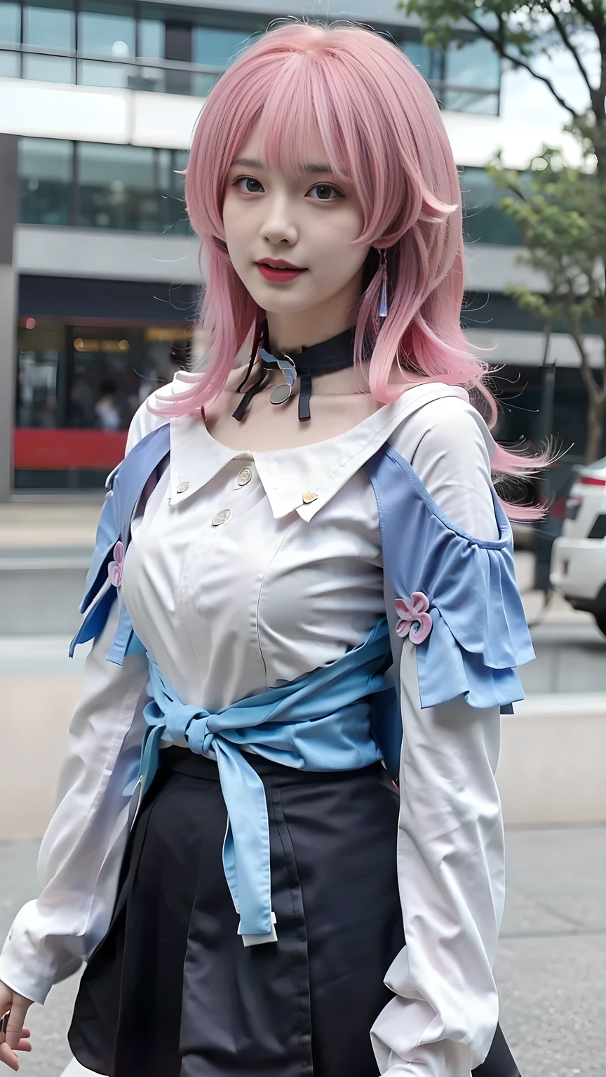 Seraph of the End style anime girl + smiling face posing + pale skin with pink undertones + long hair + bangs + pink hair on the right side + black on the left side + light blue eyes + Shinoa squad uniform + ??????????? and small waist 