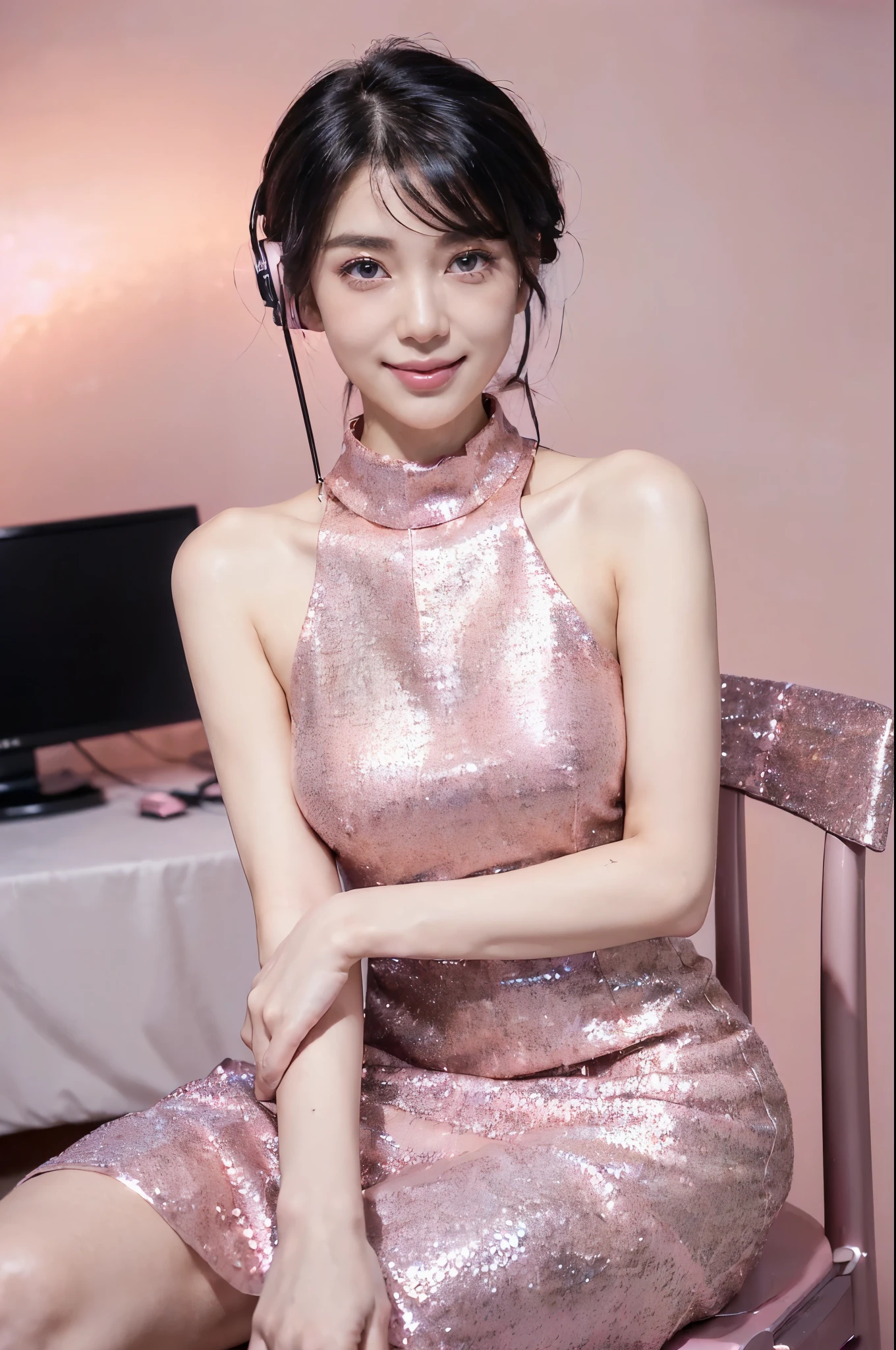 ((((8k))),((Extremely meticulous CG)) ,(wallpaper),16k,((Extremely refined and beautiful)),(((Masterpiece))),(((best qualtiy))),(((Ultra High Resolution))),beautiful light up,Perfect lightning,realistic shaded,[A high resolution],(Smooth and flawless fair skin:1.5),(pale skin:1.3),Extremely exquisite facial details,(perfect body:1.1),ultra-detailed,A beautiful girl,solo,(A female internet celebrity is currently live streaming:1.5),small head,(shoulder-length straight black bob hair:1.1),(Wearing earphones:1.2),(detailed eyes:1.2),small face,Exquisite makeup,(blush:1.3),(small breasts:1.1),flat chests,slim,thin,happy,(laughing:1.2),(pink sparkle dress:1.5),(collar:1.2),thighs:1.2),(slender legs:1.2),(see through black pantyhose:1.3),(high heels:1.2),(night scene:1.5),pornographic atmosphere,indoor,(In a bedroom:1.5),(Style of online live streaming room:1.2),(detailed background:1.5),(behind Camera bracket and microphone:1.5),(sitting on a chair:1.3),(full body:1.3),(from front:1.3),(arms behind back:1.3),